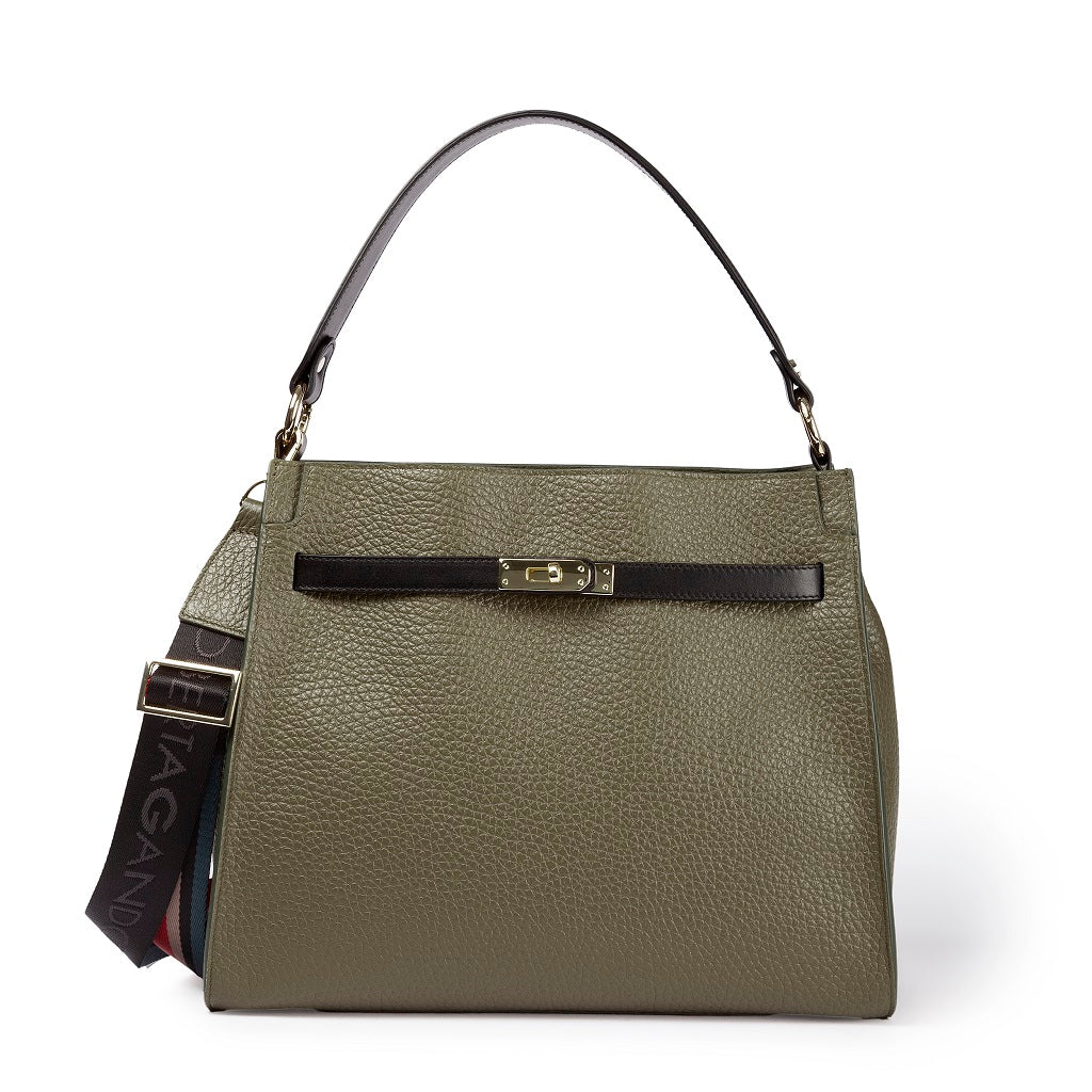 Frida Satchel in hammered leather with adjustable fabric logo shoulder strap