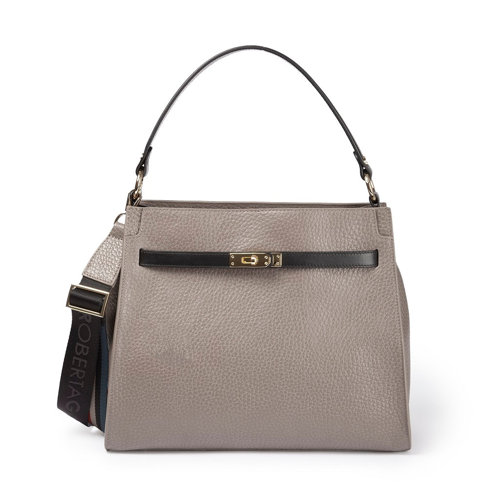 Frida Satchel in hammered leather with adjustable fabric logo shoulder strap