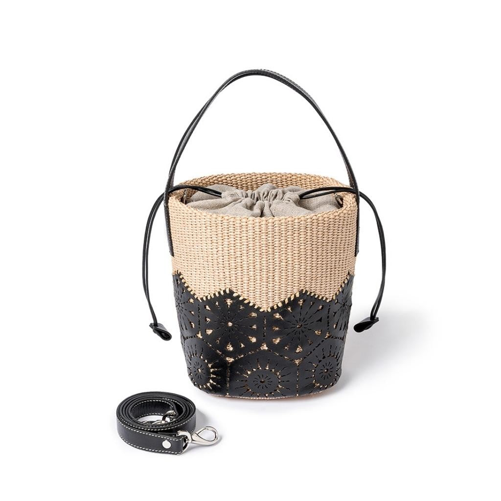 Borse Giulia Bucket: Rafia e Pelle Nera