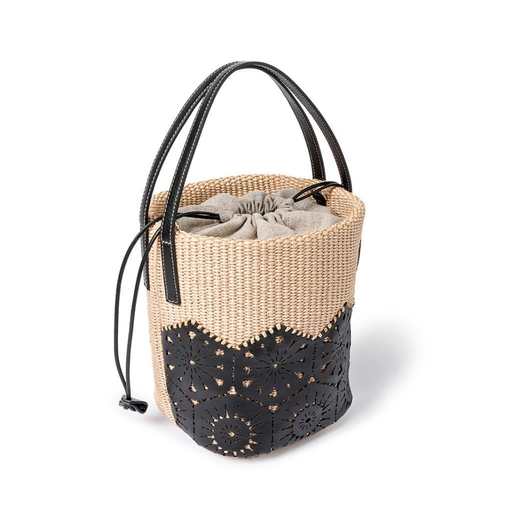 Borse Giulia Bucket: Rafia e Pelle Nera
