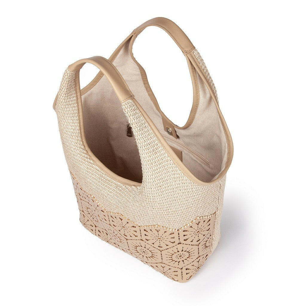 Borse donna a spalla Giulia Hobo in rafia e pelle beige.