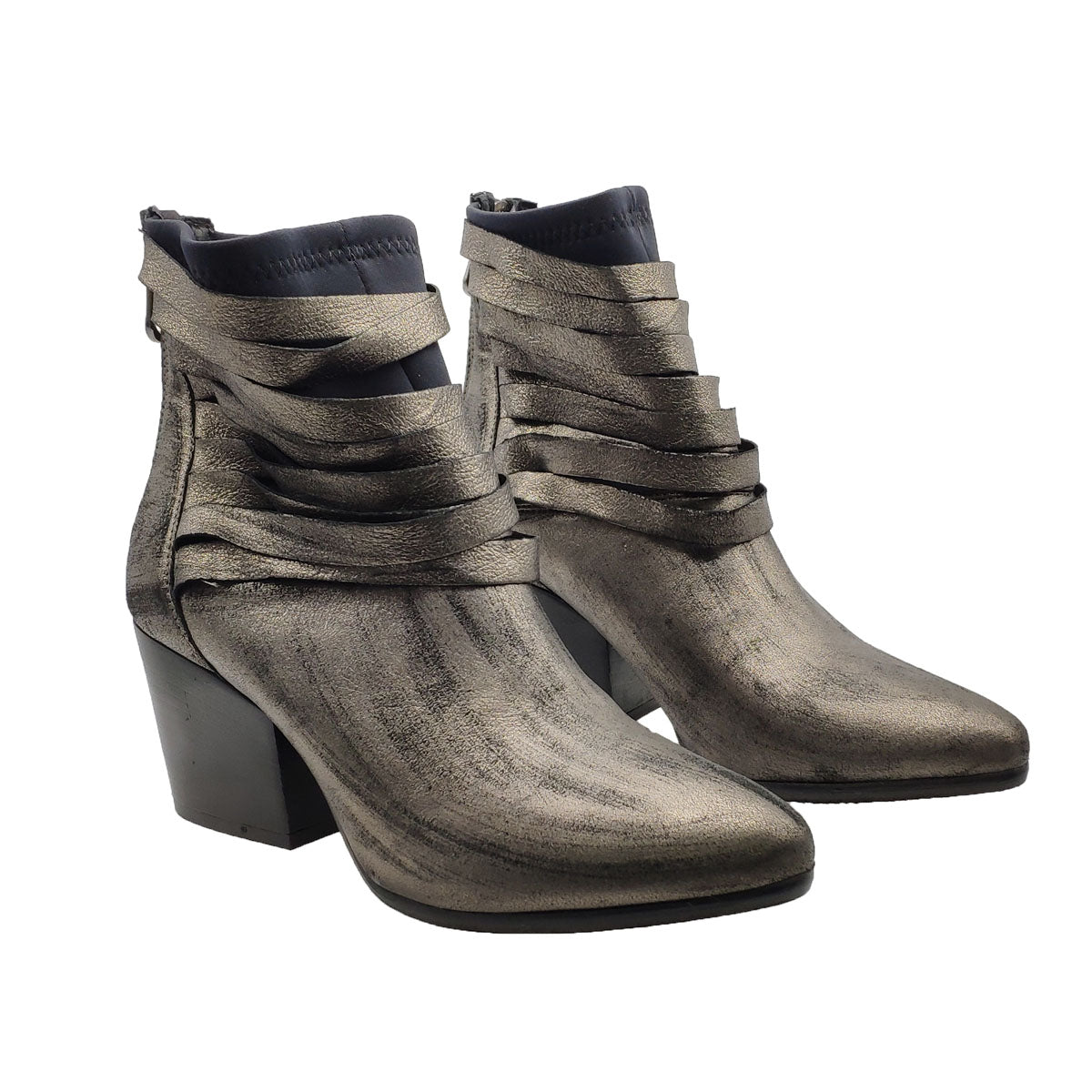 Women's Footwear Silver Laminated Leather Ankle Boots With Tone-On-Tone Cuts and Medium Heel