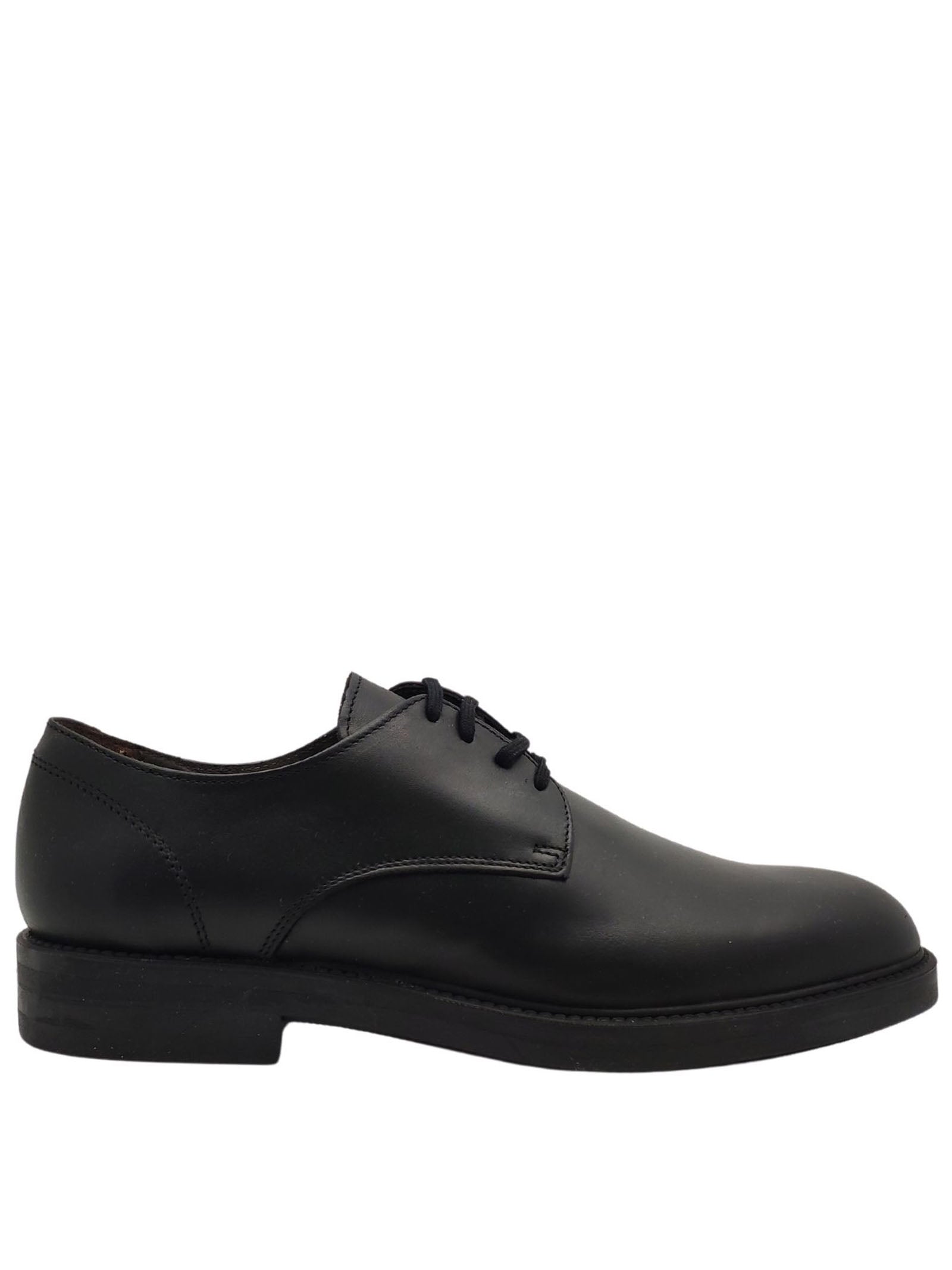 Men's Waterproof Lace-Up Shoes in Matte Black Leather with Smooth Upper and Rubber Sole