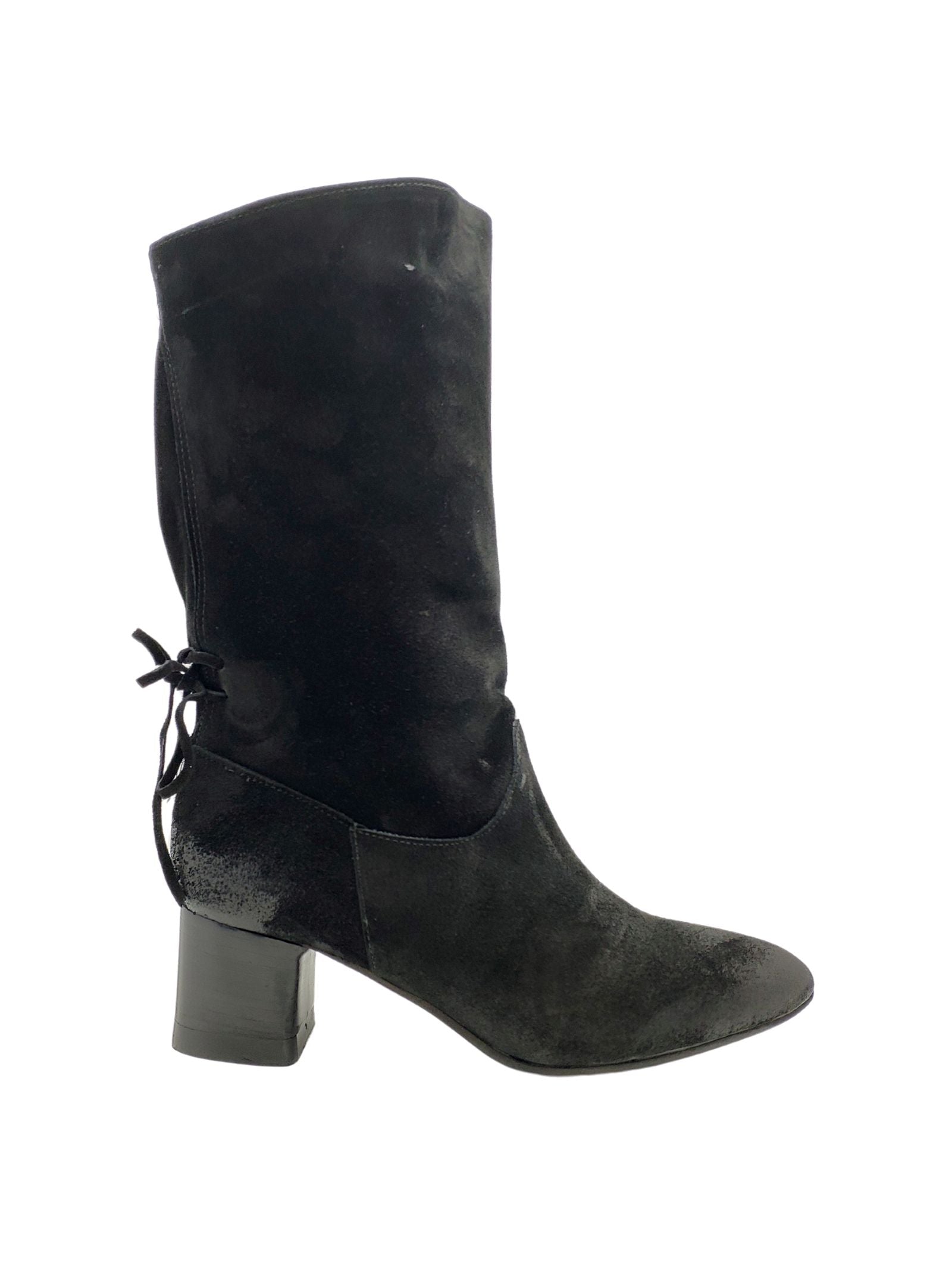 Women's Footwear Ankle Boots in Black Oiled Suede with Back Bow and Heel