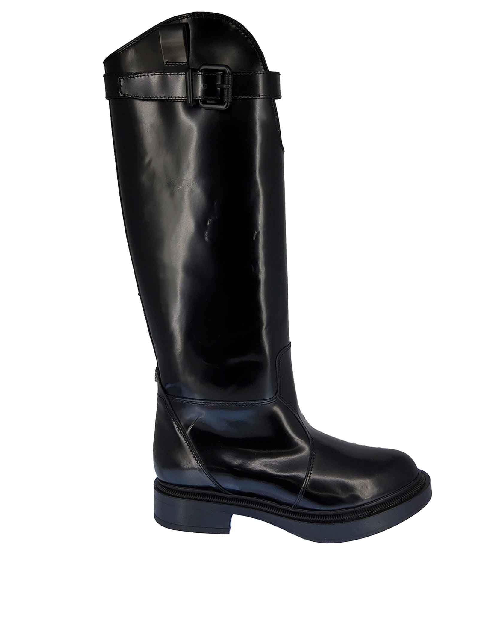 Women's Footwear Riding Boots in Shiny Black Leather with Matching Rubber Strap and Bottom