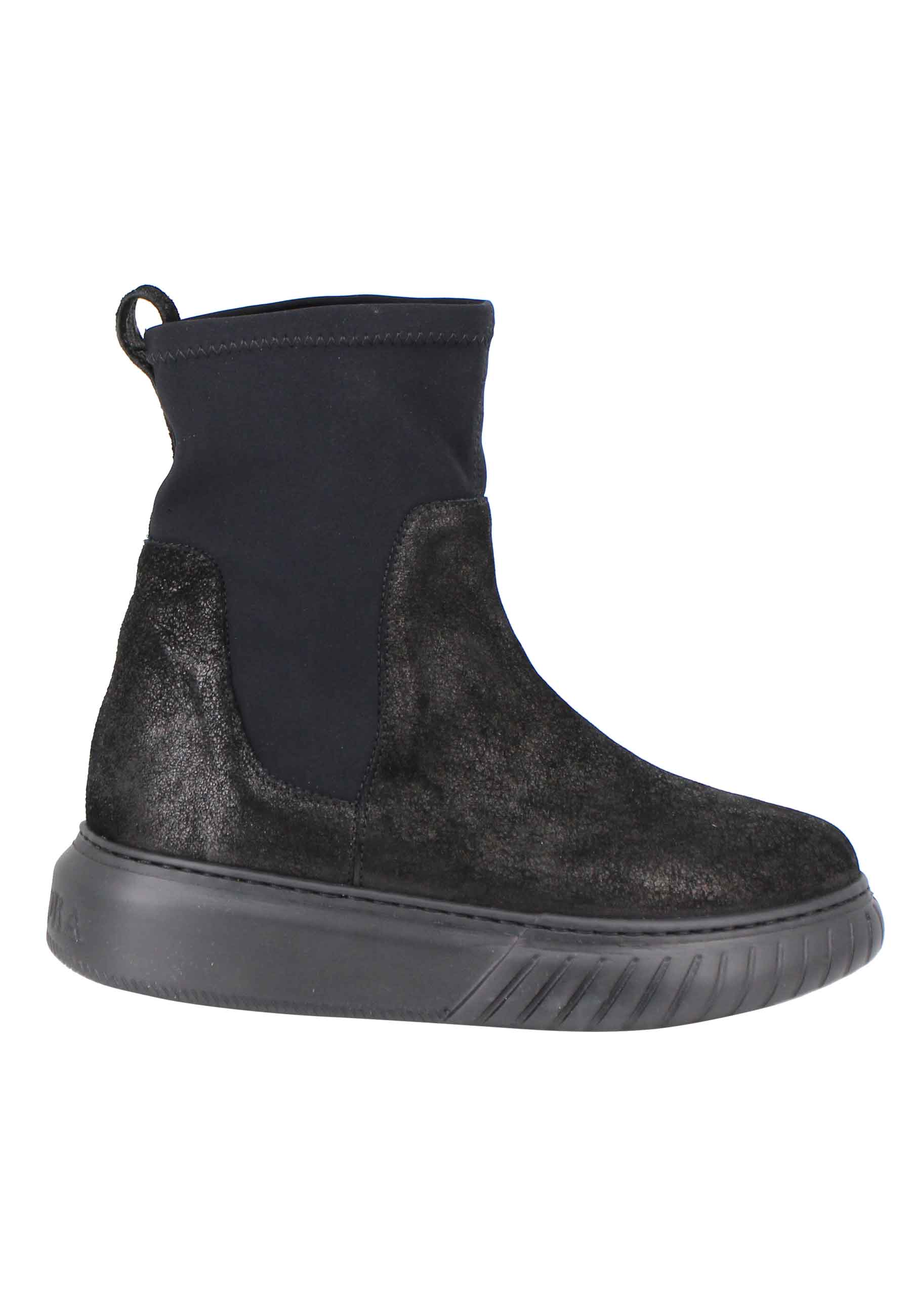 Women's ankle-boot sneakers in black leather and matching stretch fabric with high rubber sole