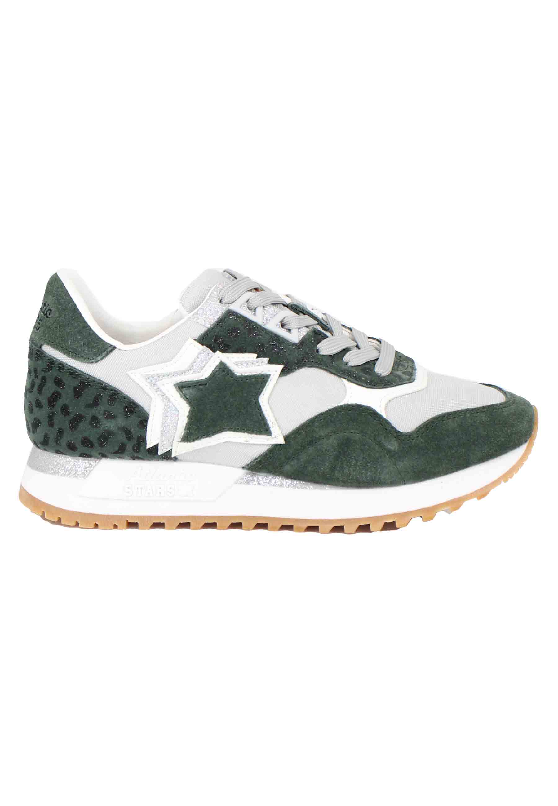 Ghalac women's sneakers in green leather and animalier fabric with matching stars