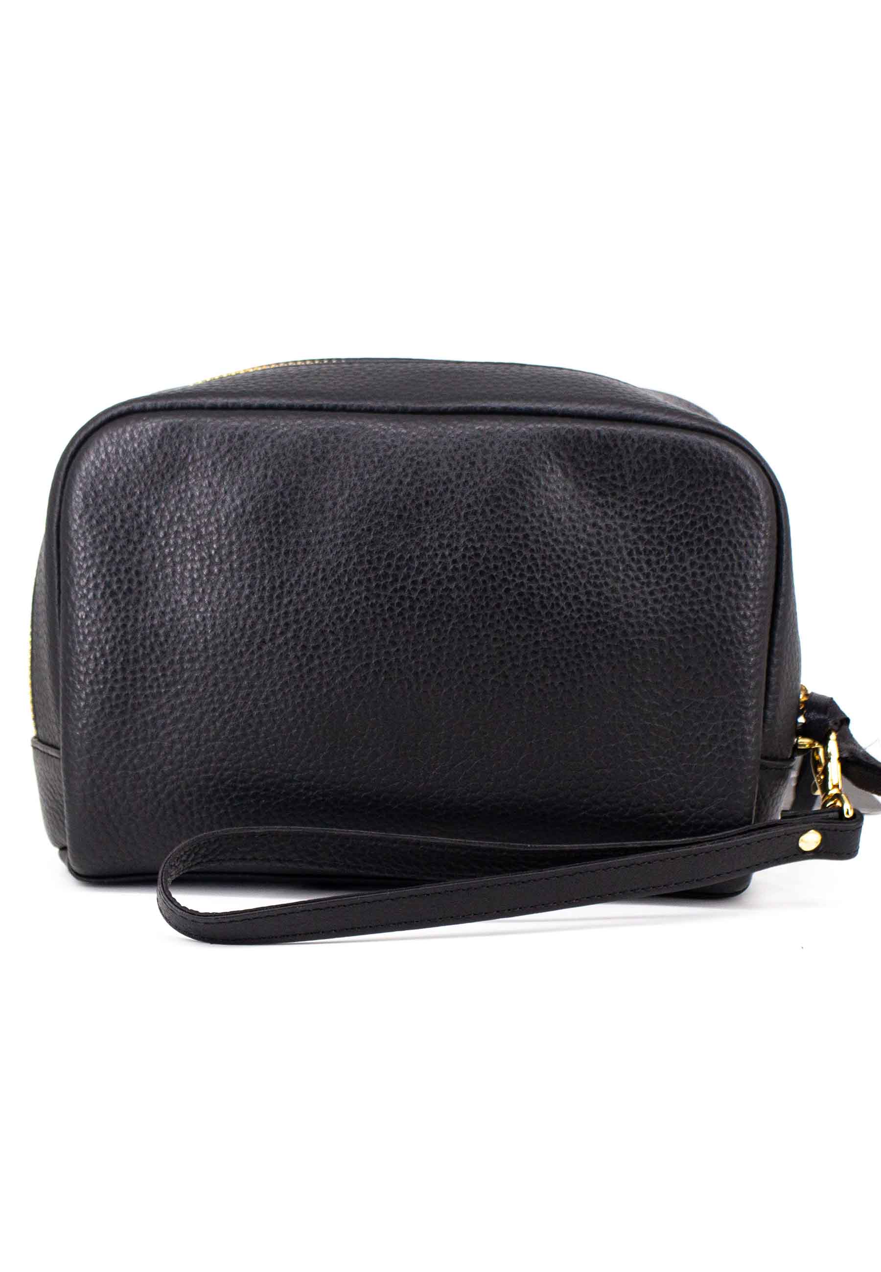 Men's black leather bag with gold zip and leather bracelet