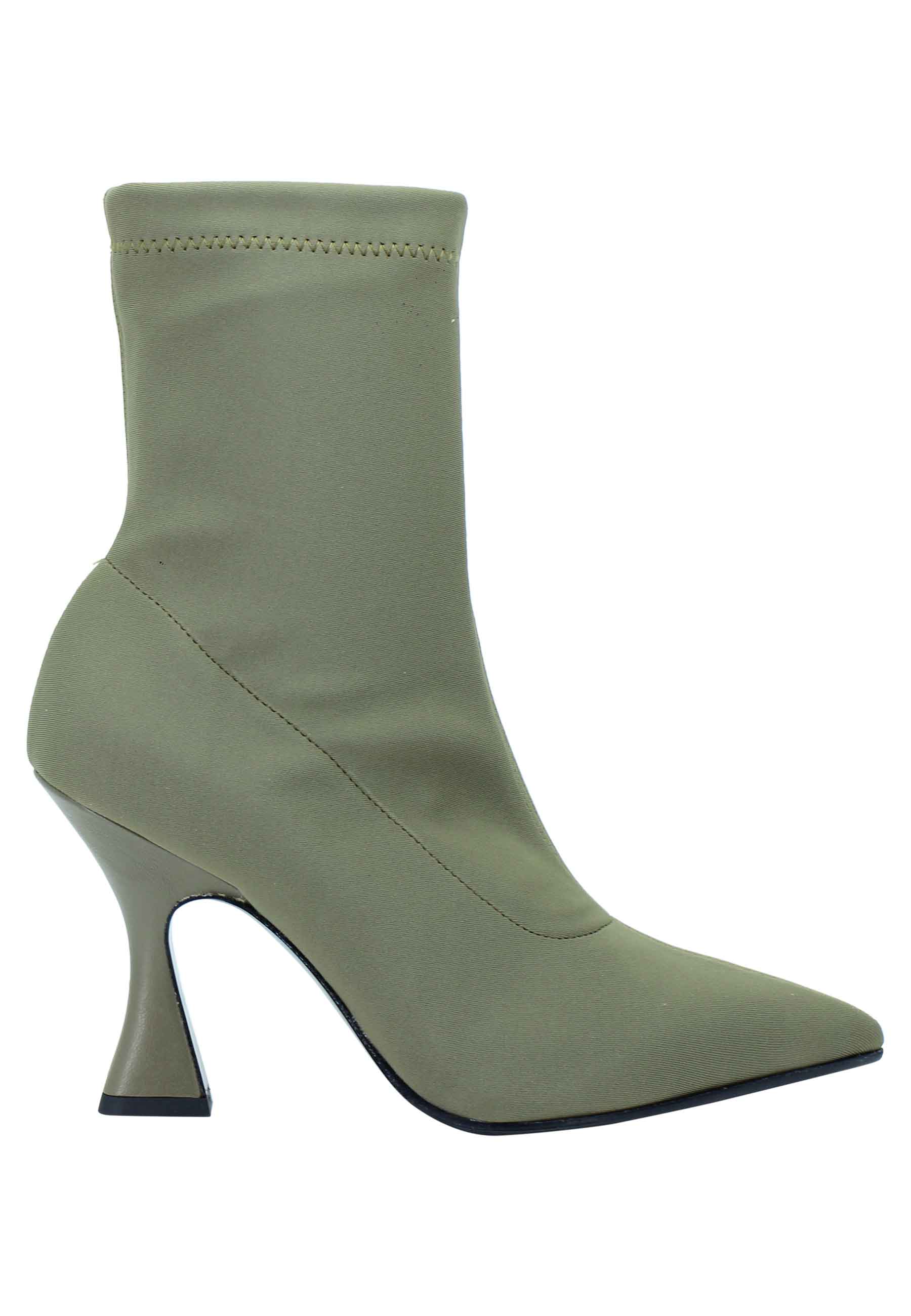 Women's ankle boots in military stretch fabric, high heel, pointed toe