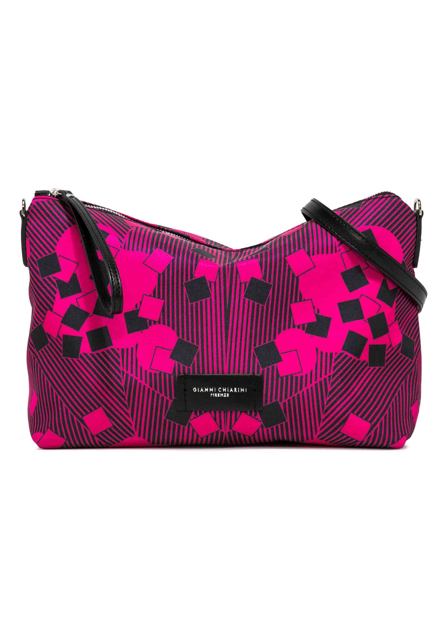 Pochette grande donna in tessuto fuxia a fantasia con manico e tracolla in pelle