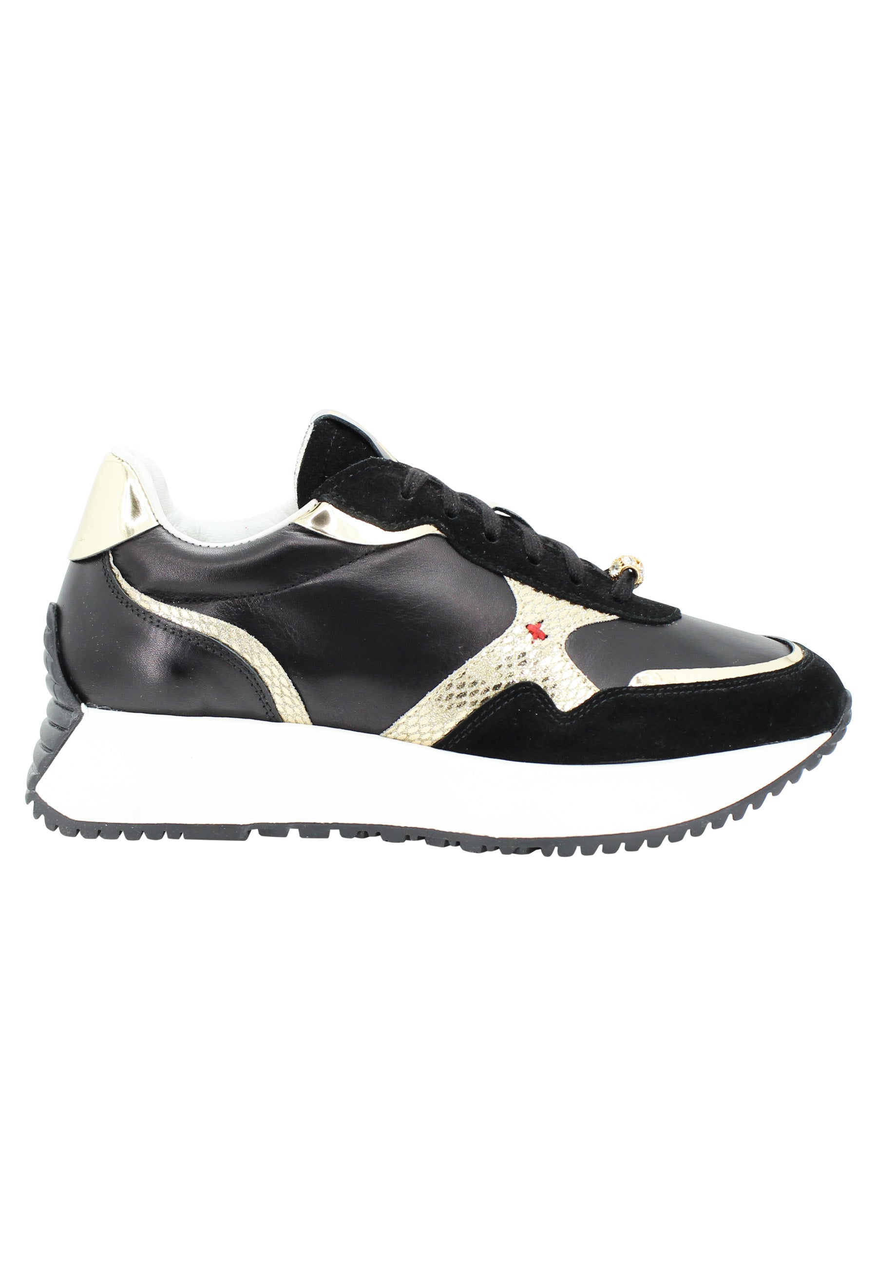 Spatarella Sneakers donna in pelle nera con riporti in pelle oro e zeppa in gomma bianca