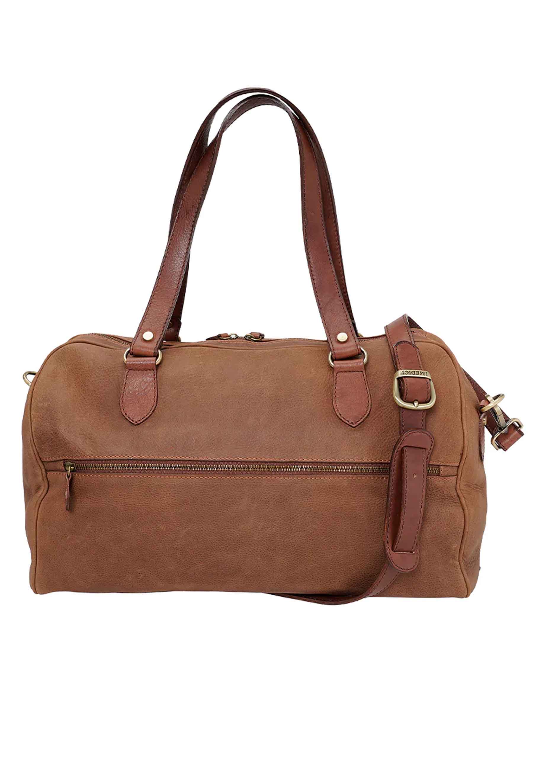 Men's bag in tan leather with long handles