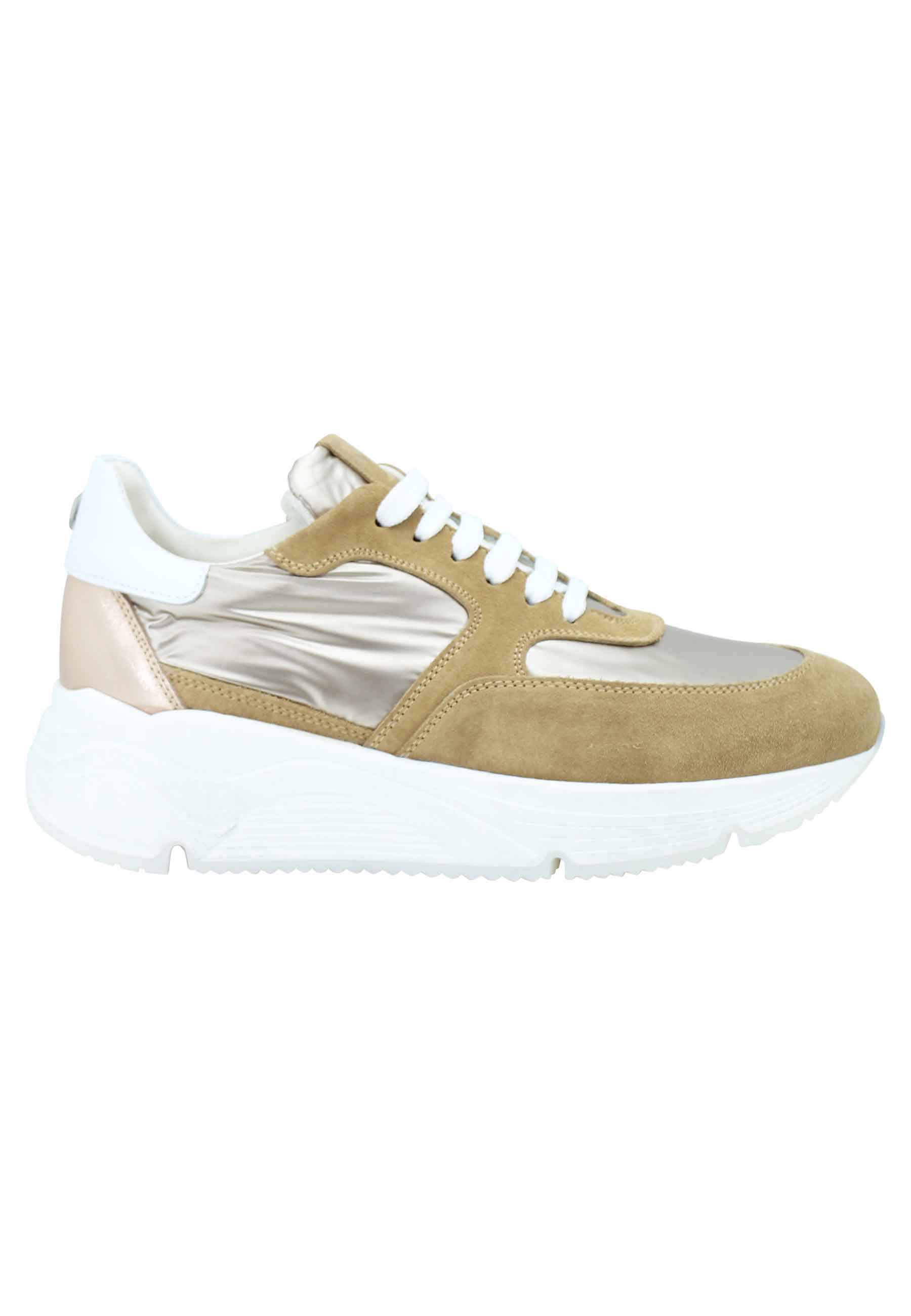 Spatarella Sneakers donna in pelle e tessuto cammello con fondo gomma bianco