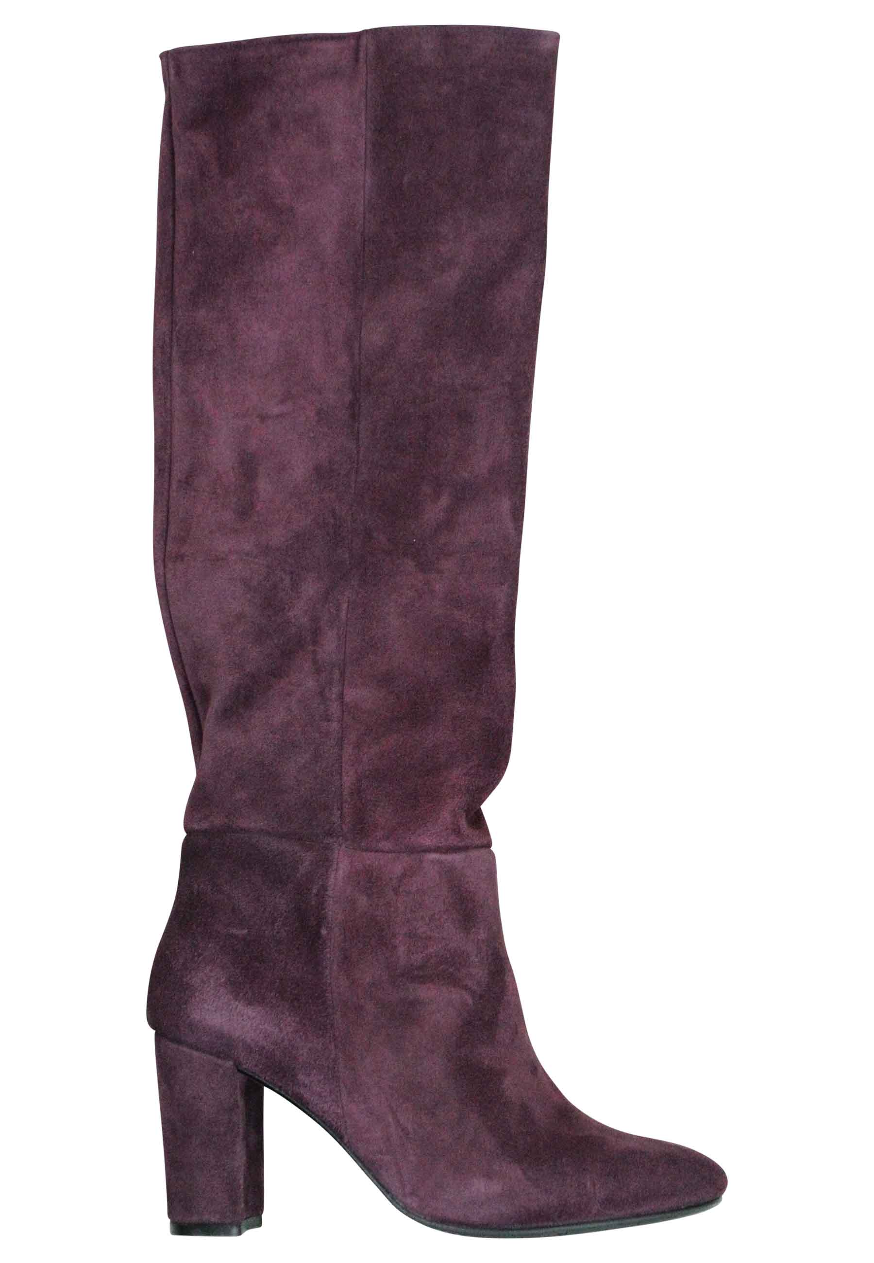 Women's tube boots in burgundy suede, high heel, round toe