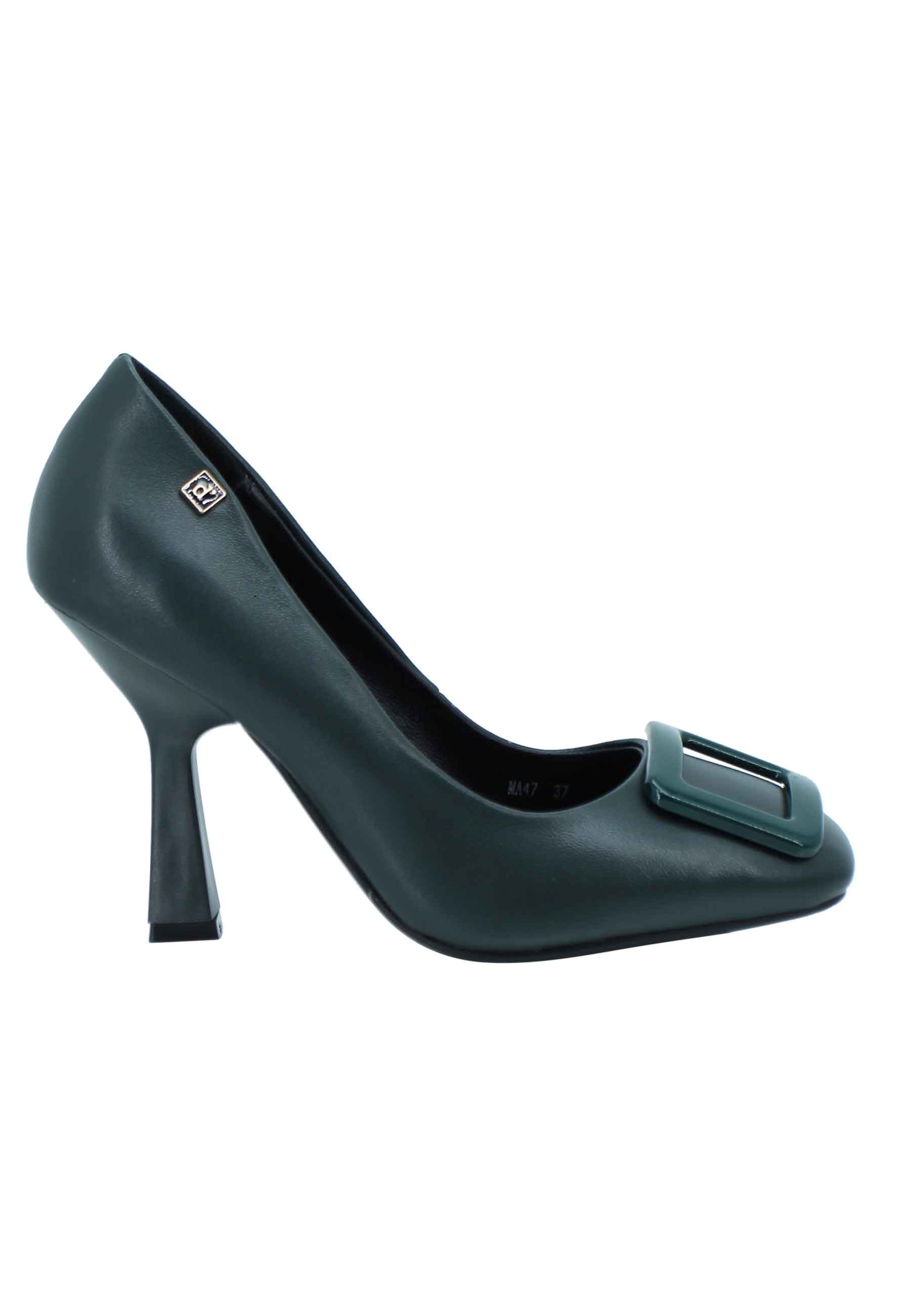 Women's green leather square toe pumps and matching accessory