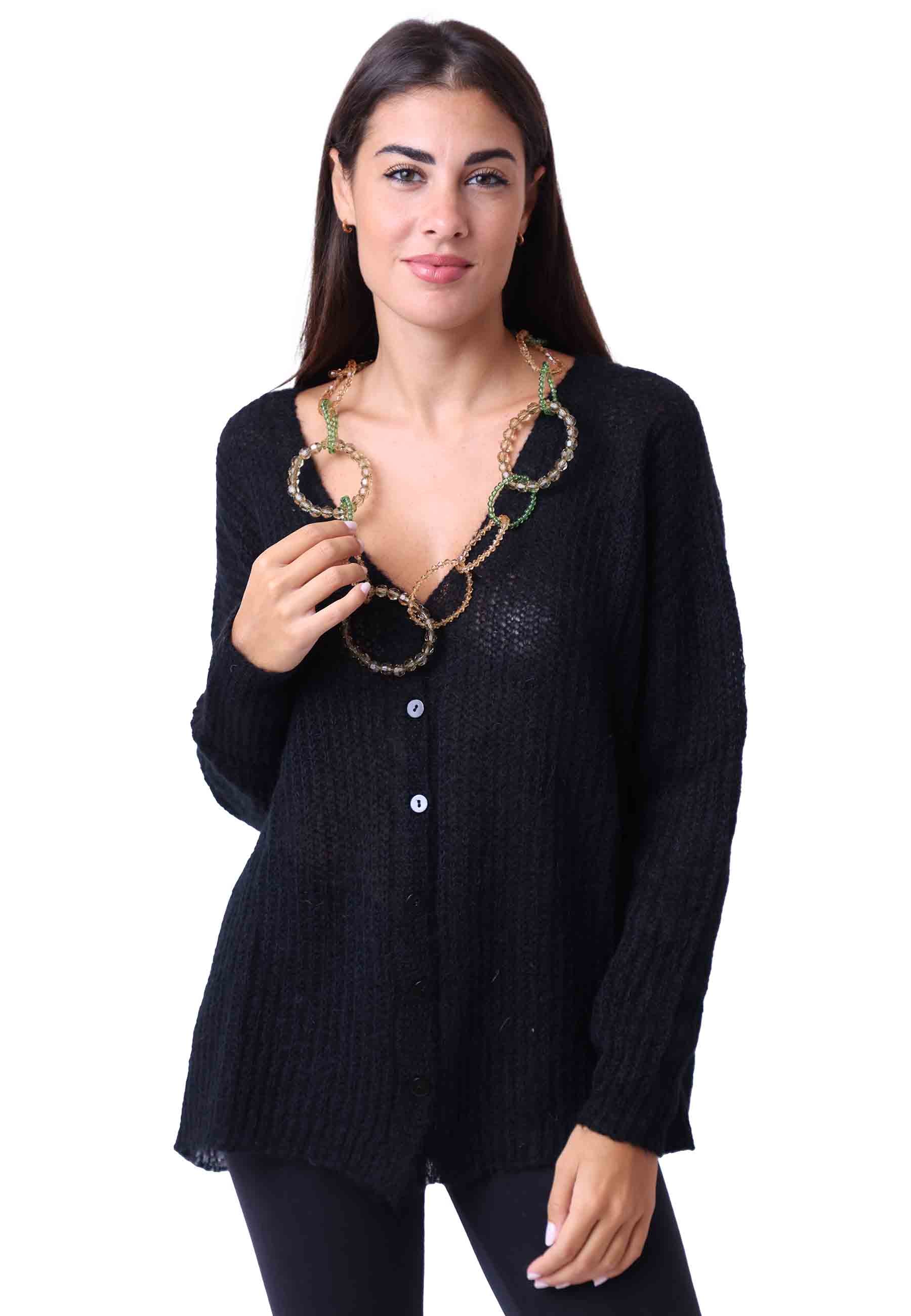 Women's cloud cardigan in black V-neck mohair wool with long sleeves
