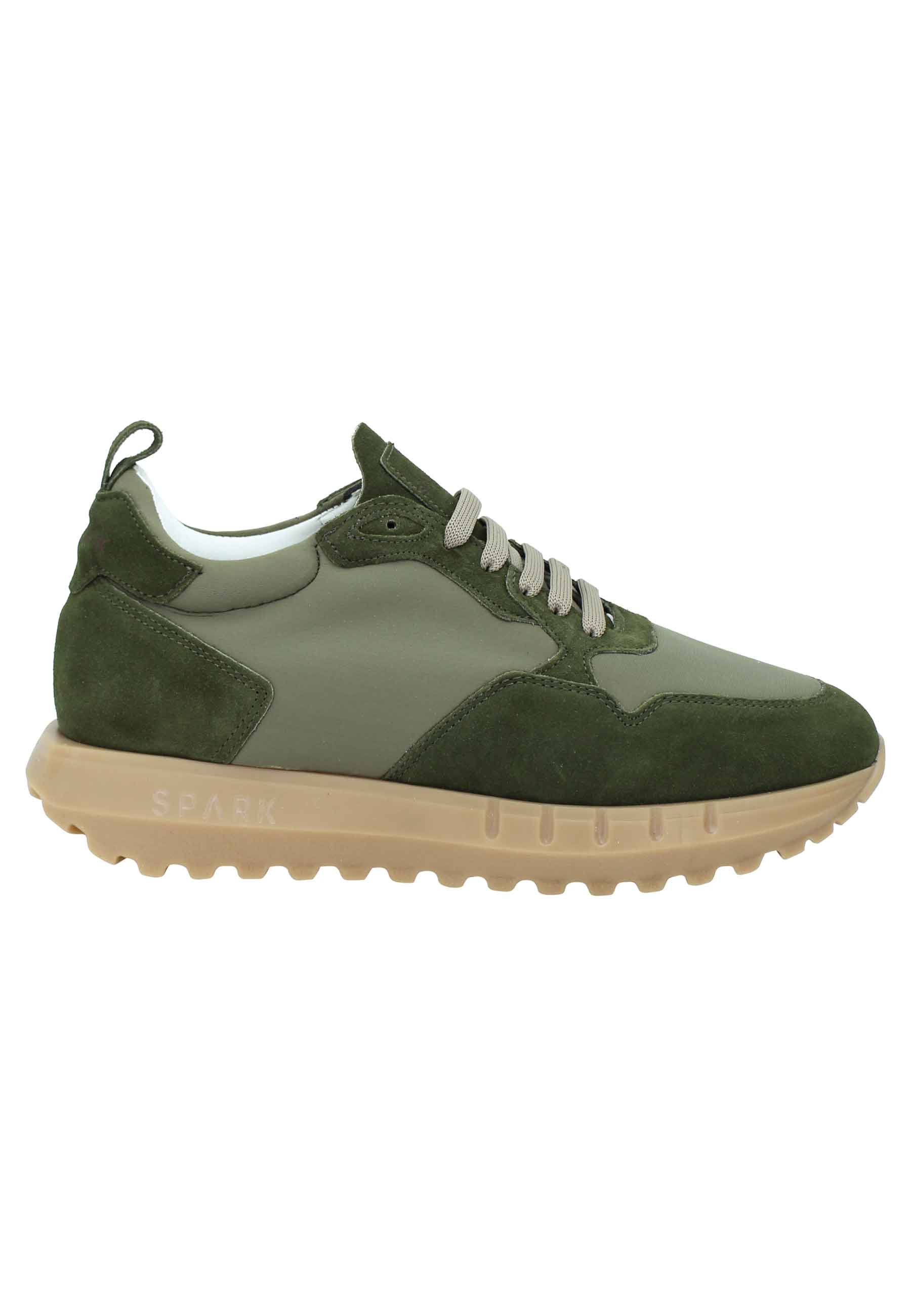 Men's sneakers in military green leather and fabric with high rubber sole