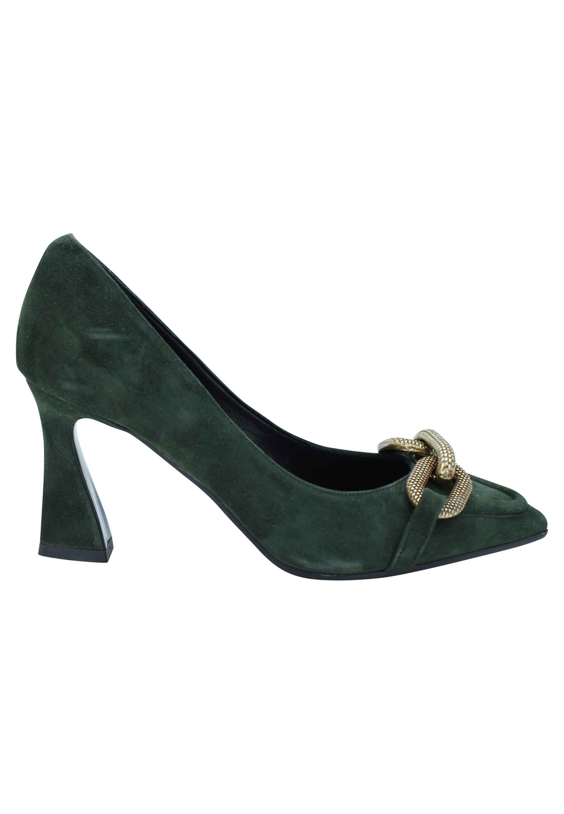 Women's high heel green suede pumps with burnished gold chain