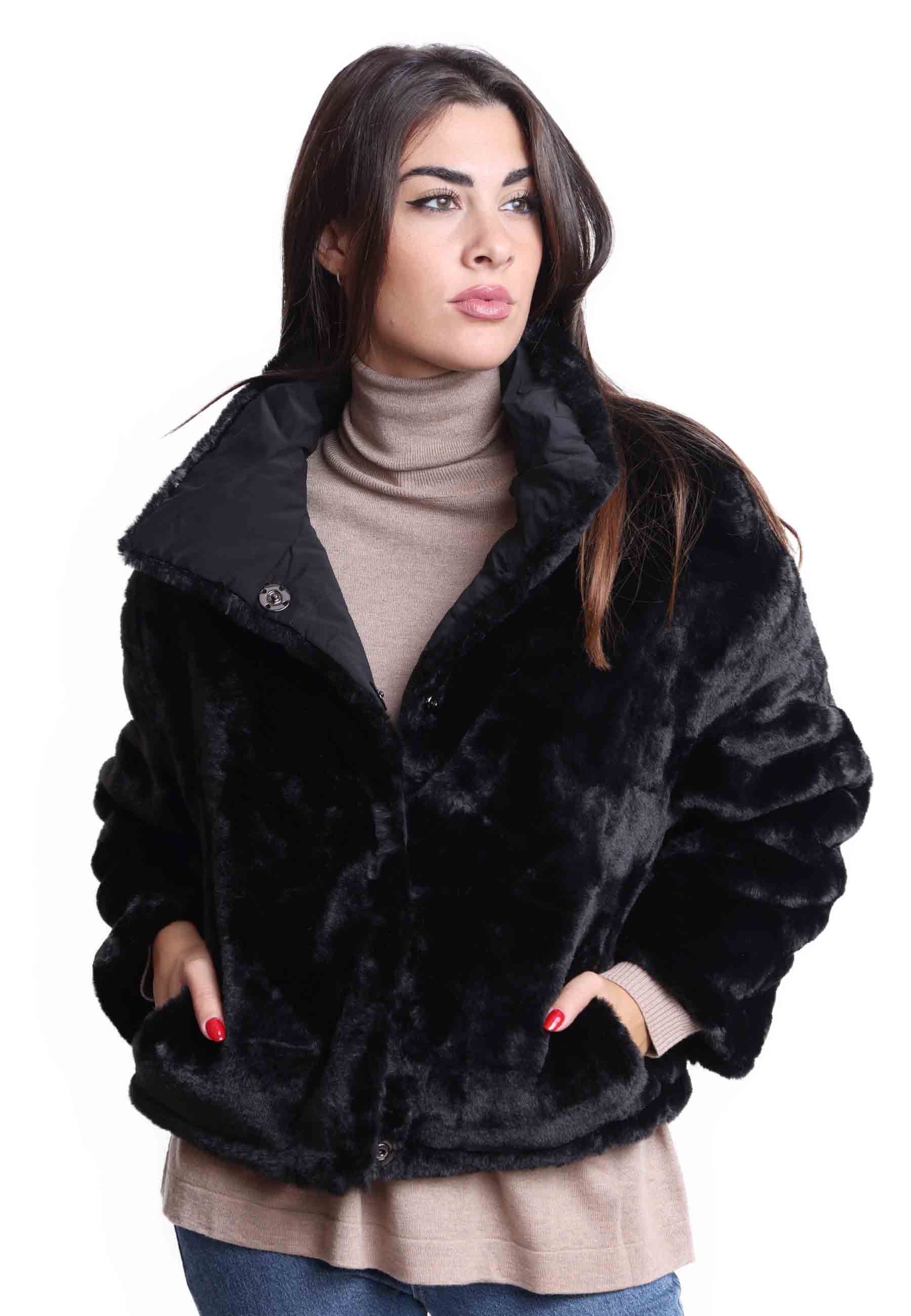 Reversible black eco fur women's jackets with high collar