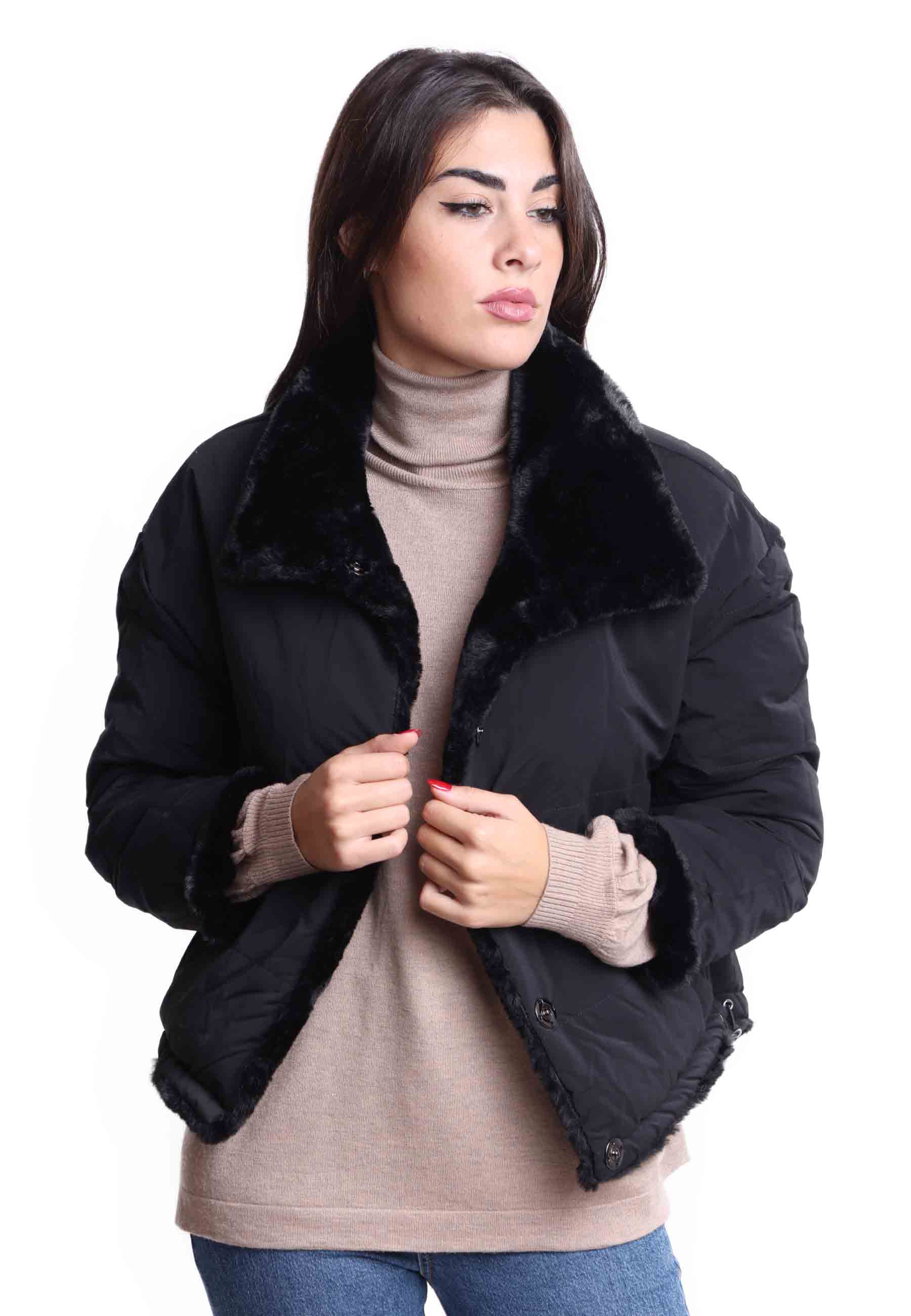 Reversible black eco fur women's jackets with high collar