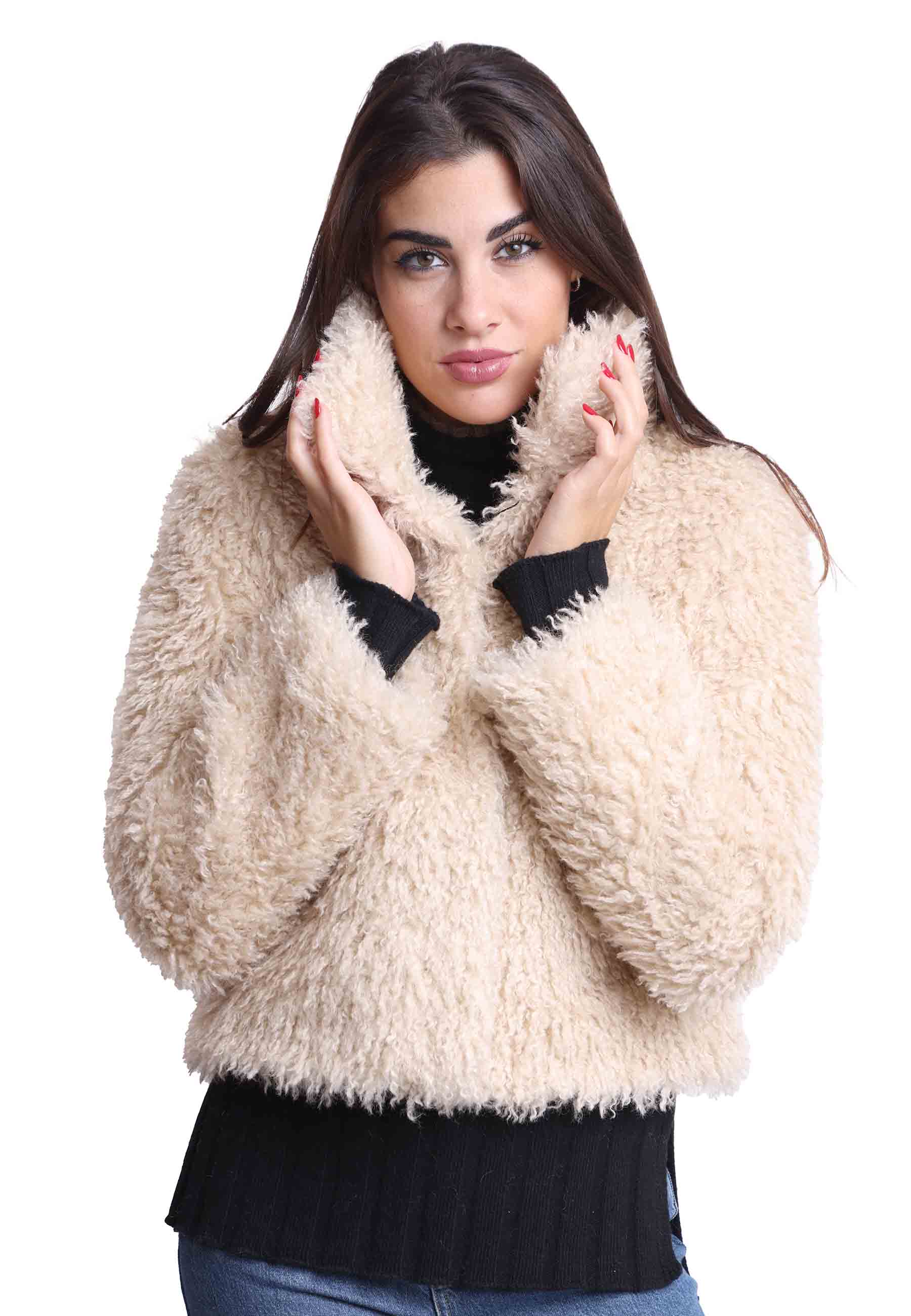 Women's teddy jackets in beige eco fur with high collar