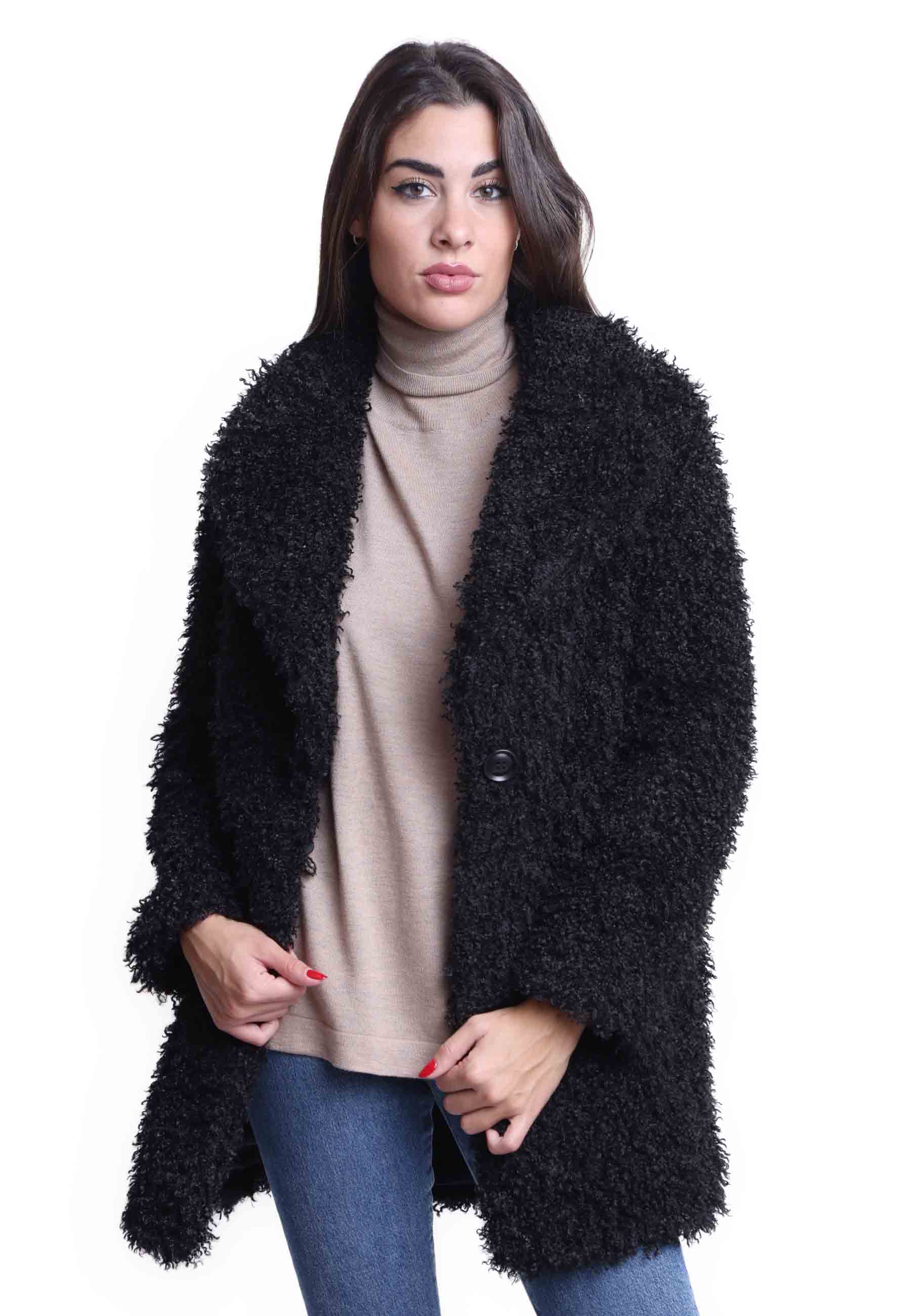 Manteaux teddy pour femmes en éco-fourrure noire avec grand boutonnage simple à un bouton