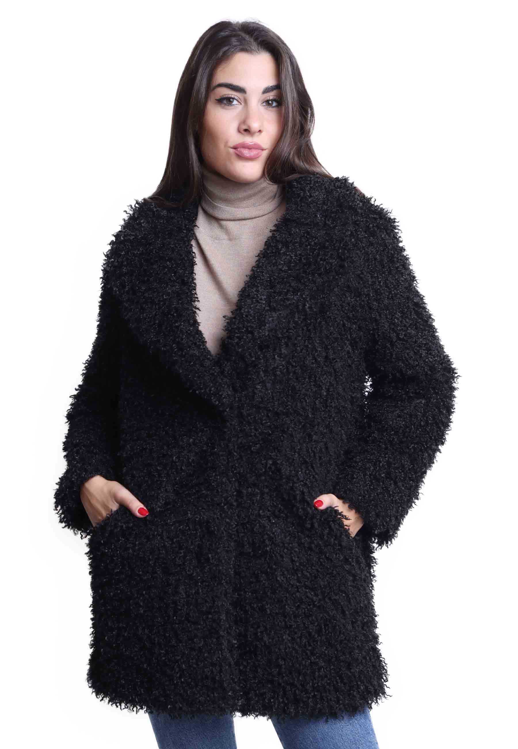 Manteaux teddy pour femmes en éco-fourrure noire avec grand boutonnage simple à un bouton