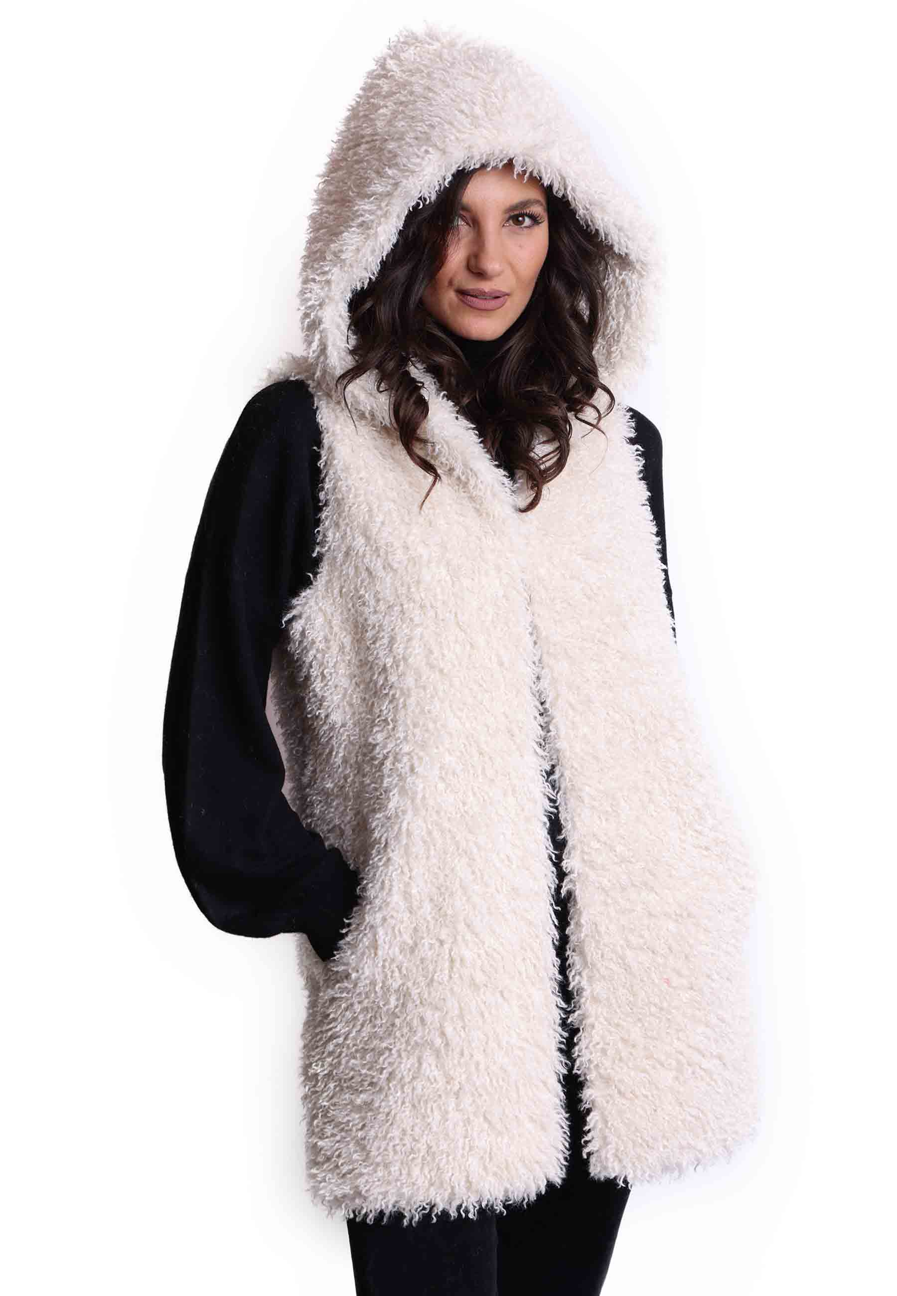 Women's teddy vest in white eco fur with hood and armholes