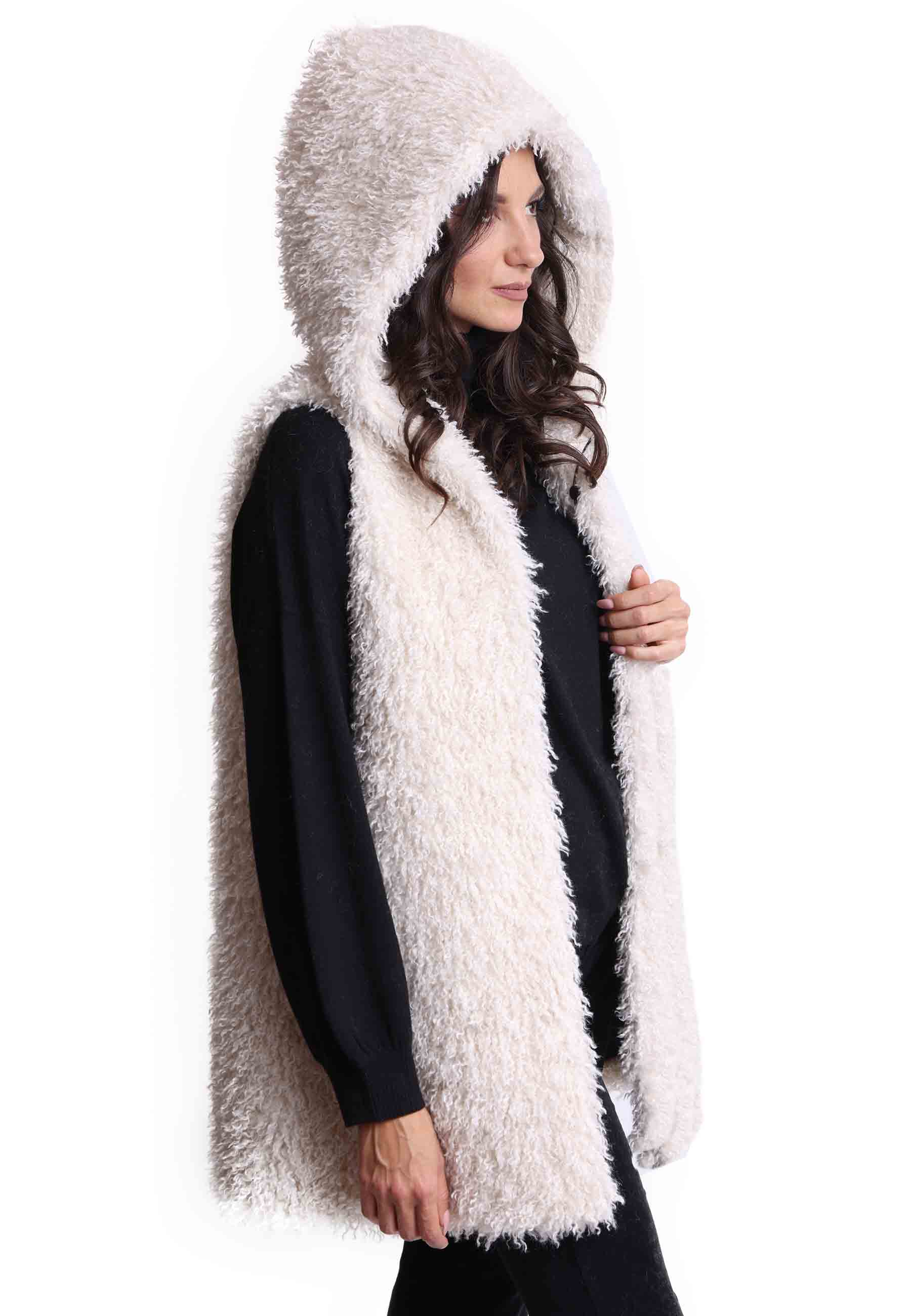 Women's teddy vest in white eco fur with hood and armholes