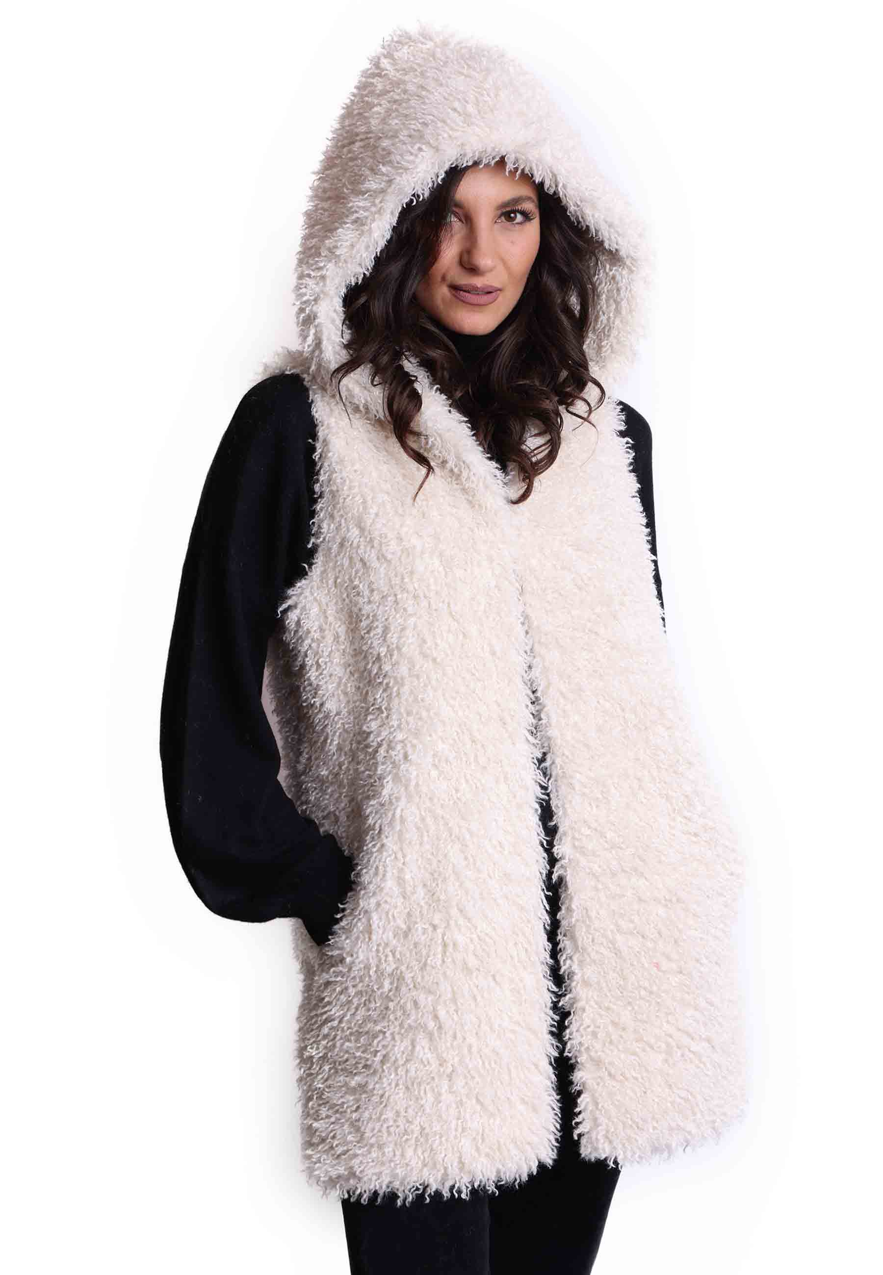 Spatarella Gilet teddy donna in eco fur bianco con cappuccio e giro manica