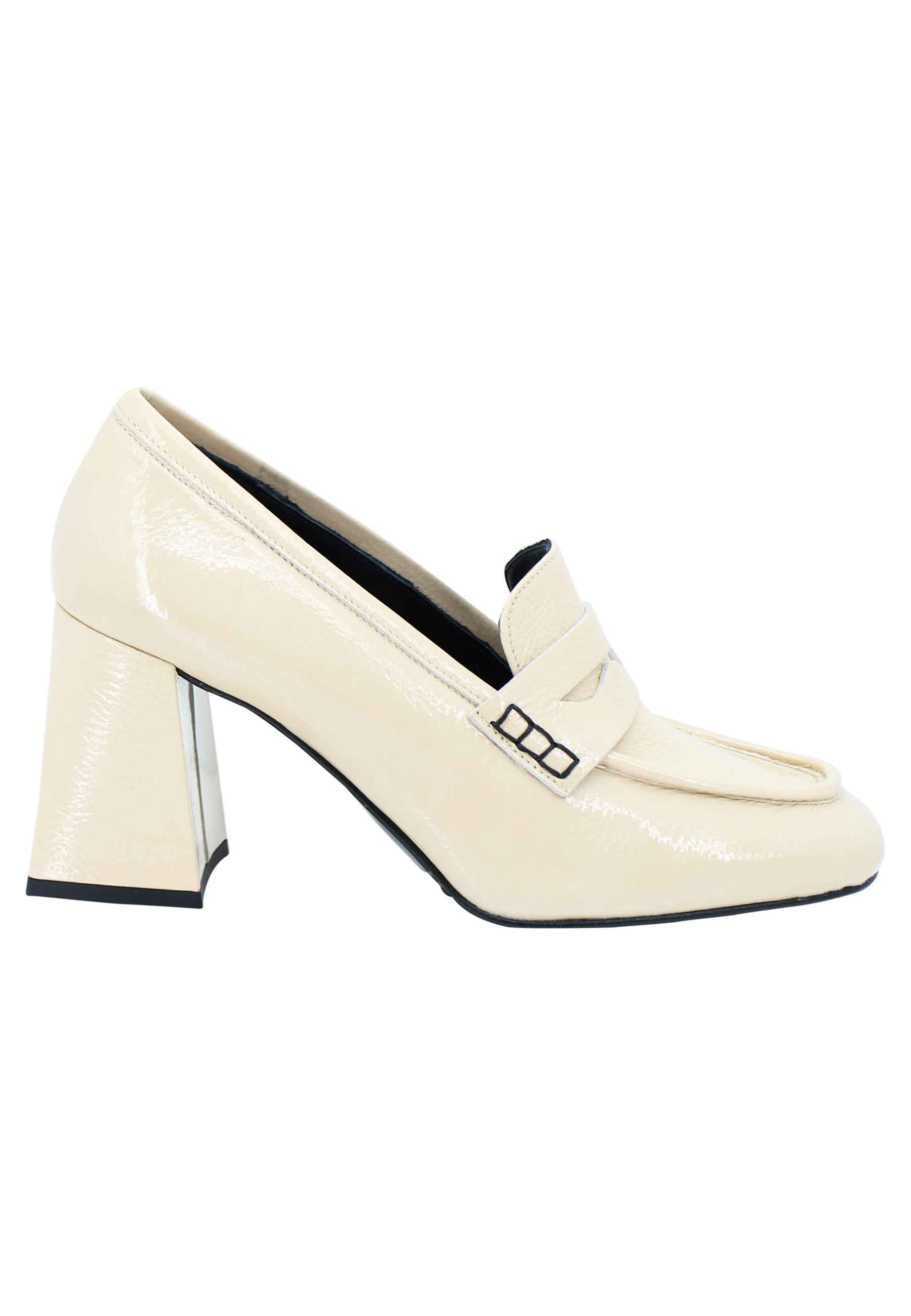 Women's beige patent leather loafers with high heel and square toe