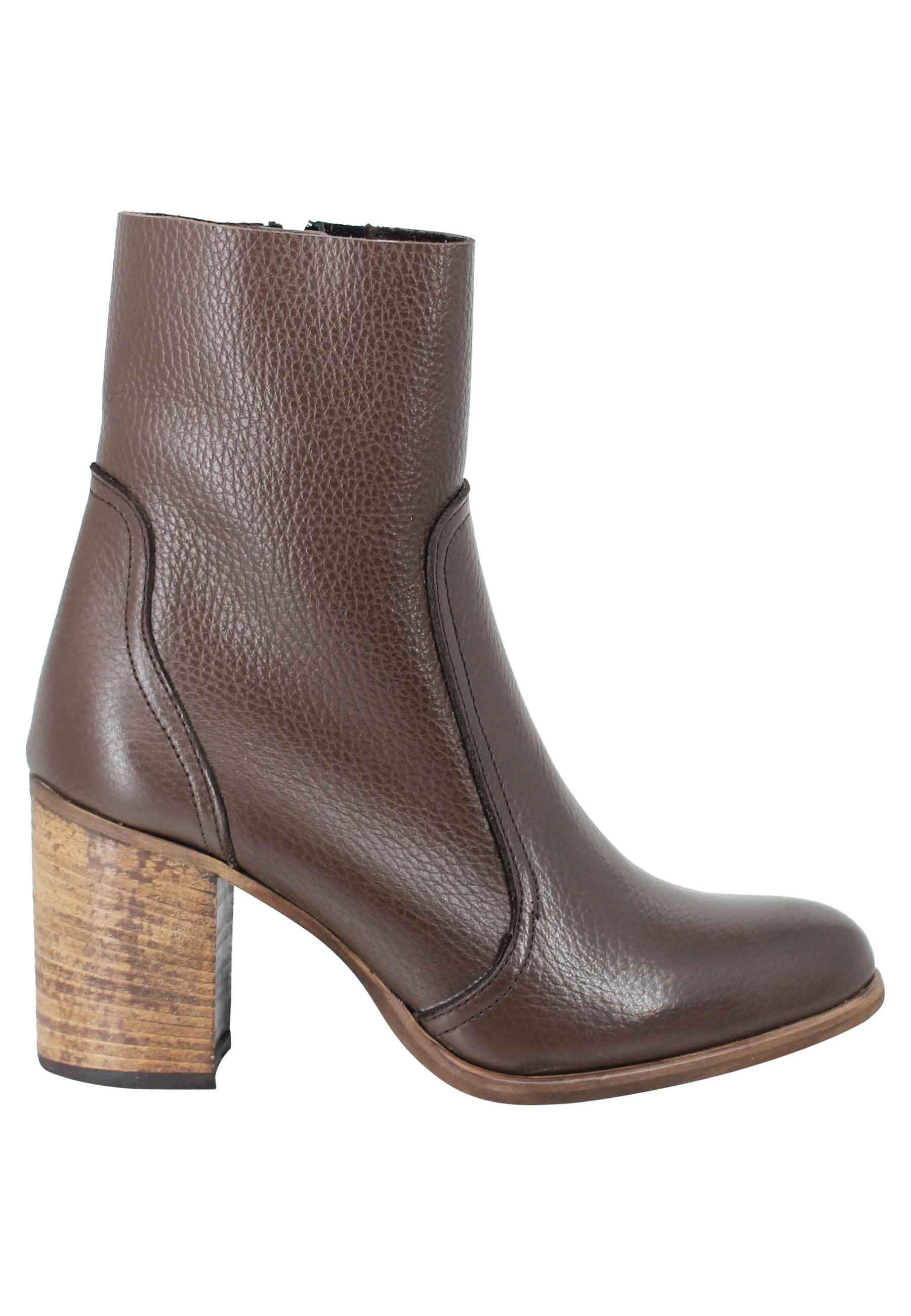 Women's brown leather ankle boots with leather heel and tapered toe with rubber sole