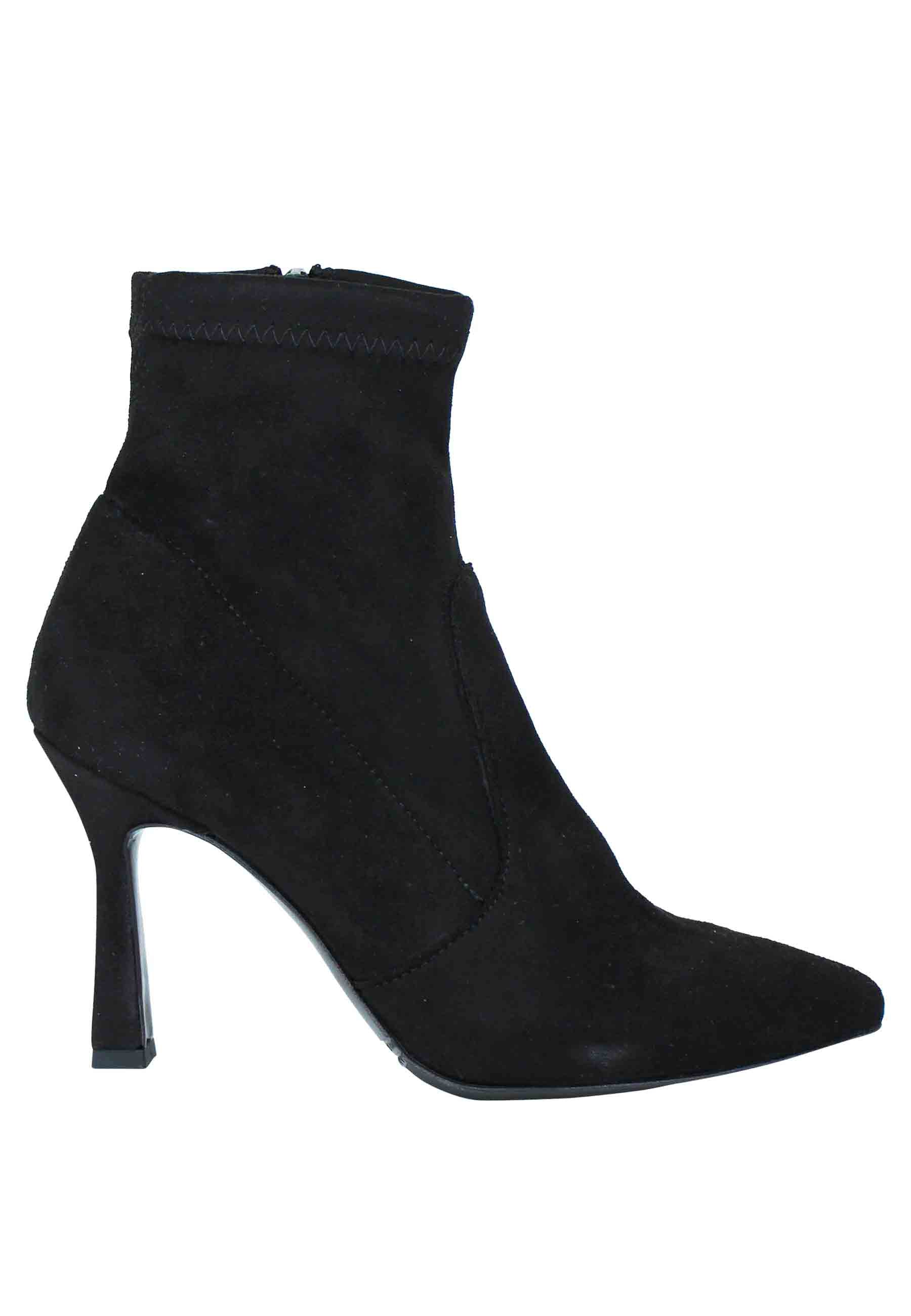 Women's ankle boots in black stretch suede with pointed toe and high heel