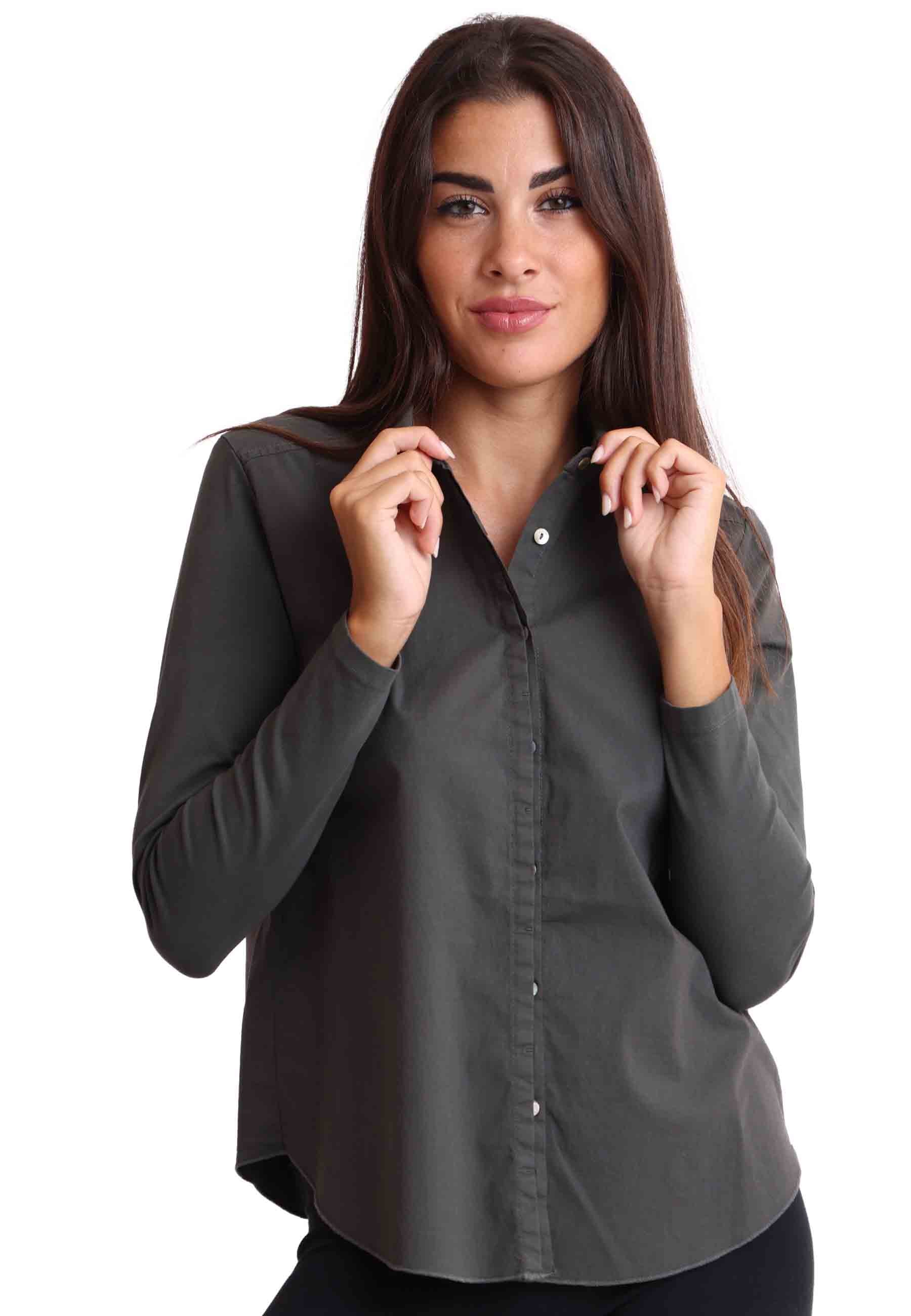 Spatarella Camicia donna in cotone grigio maniche lunghe senza polsino