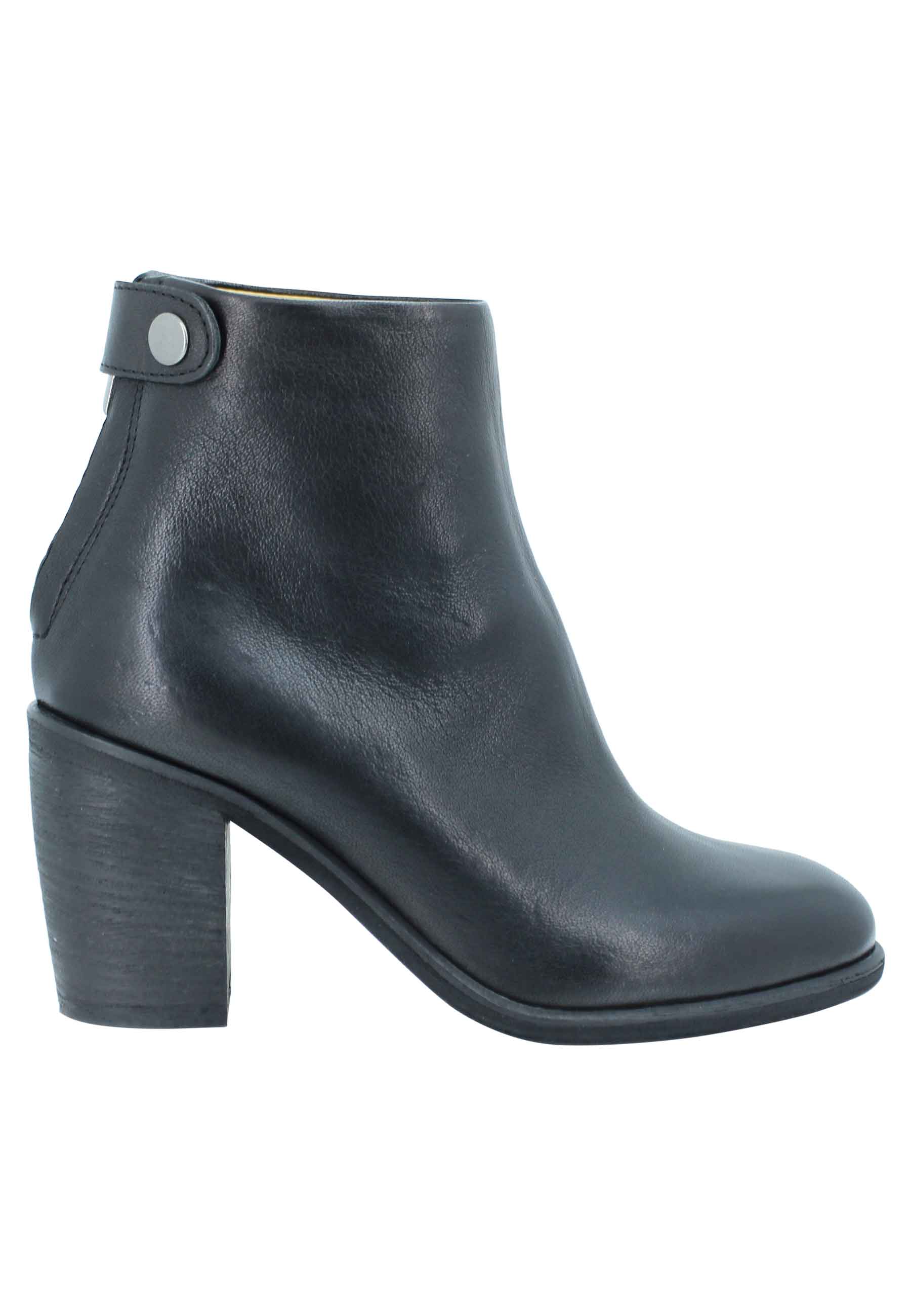 Women's black leather high heel ankle boots with back zip