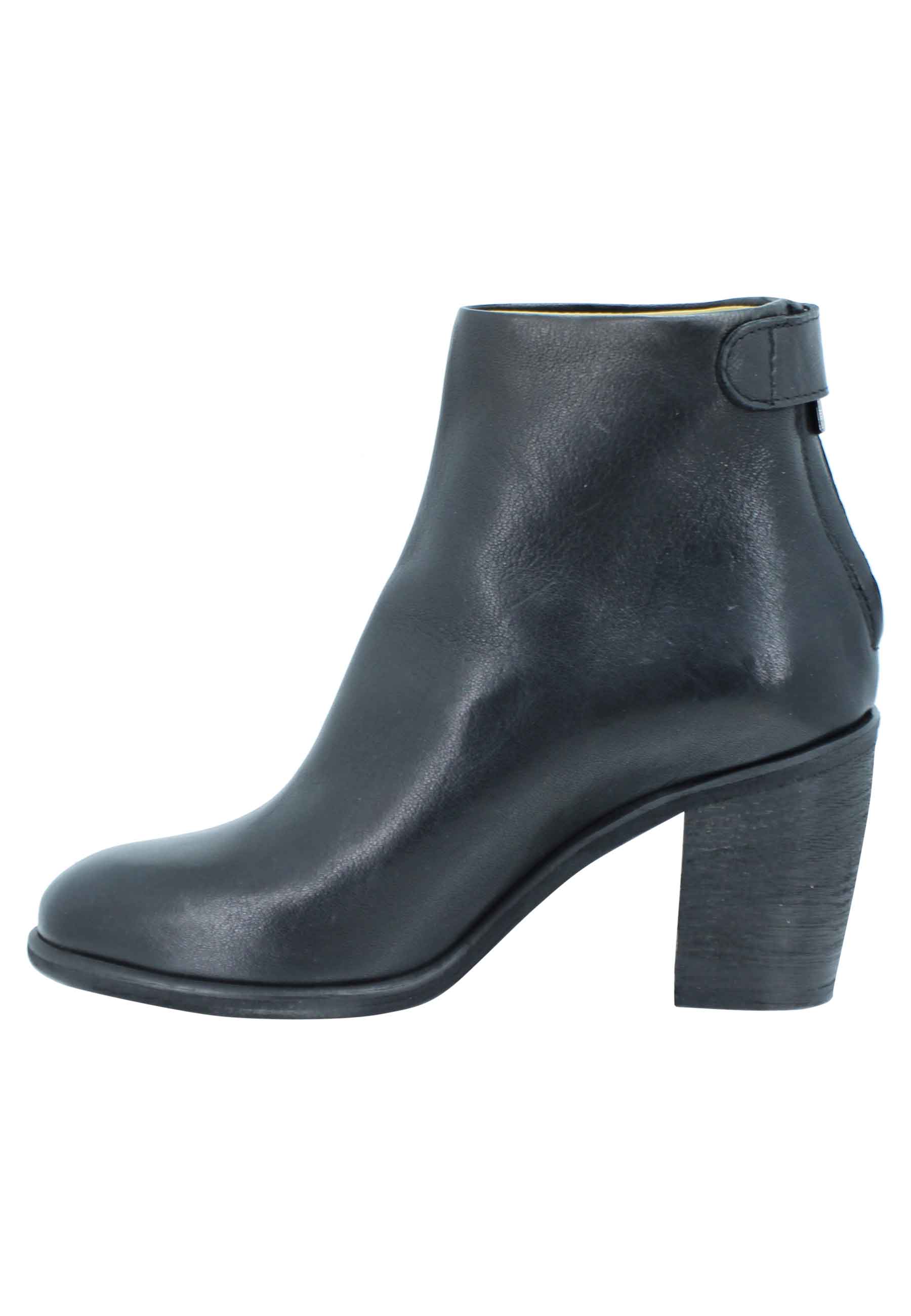 Women's black leather high heel ankle boots with back zip