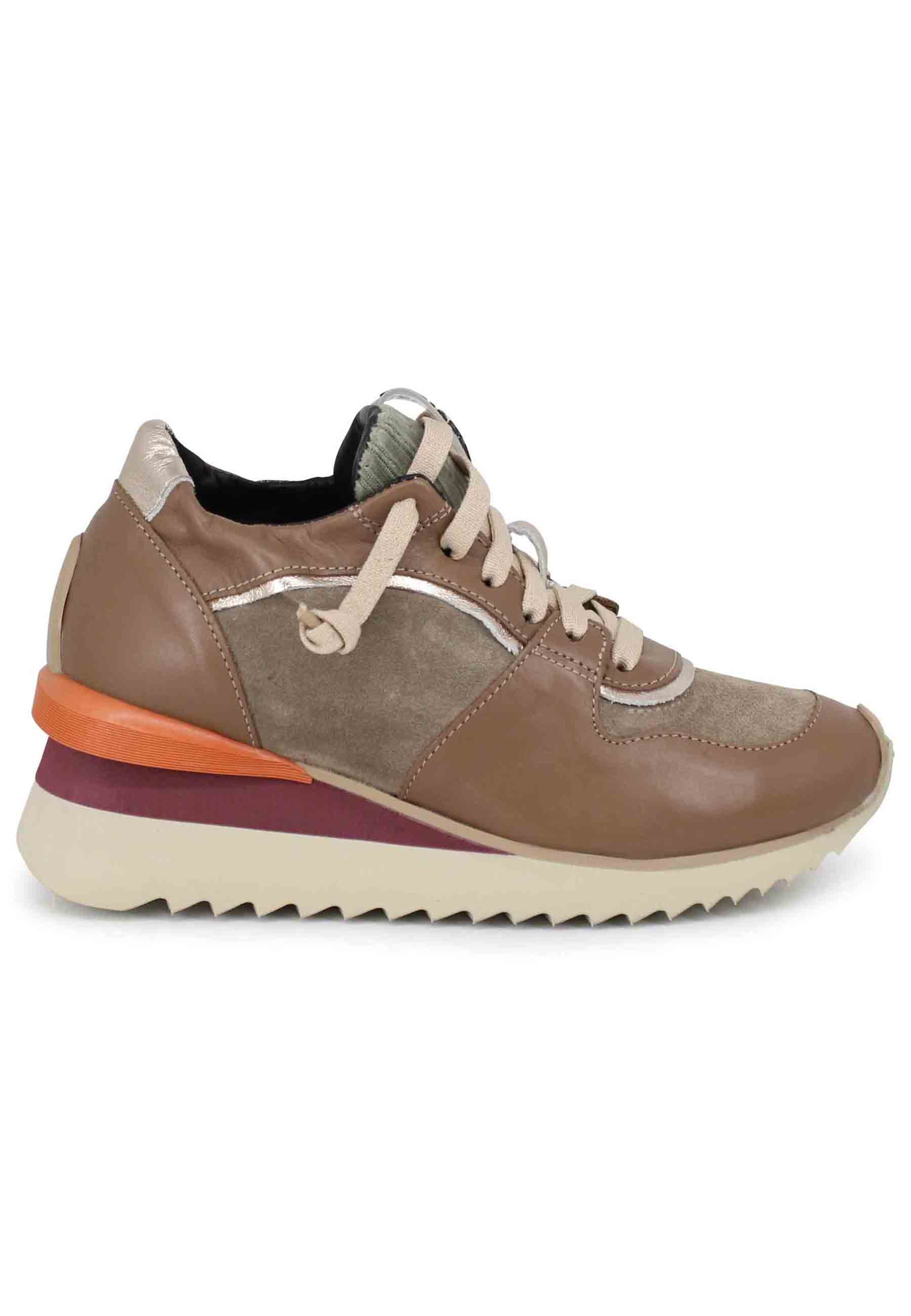 Women's taupe leather sneakers with wedge bottom