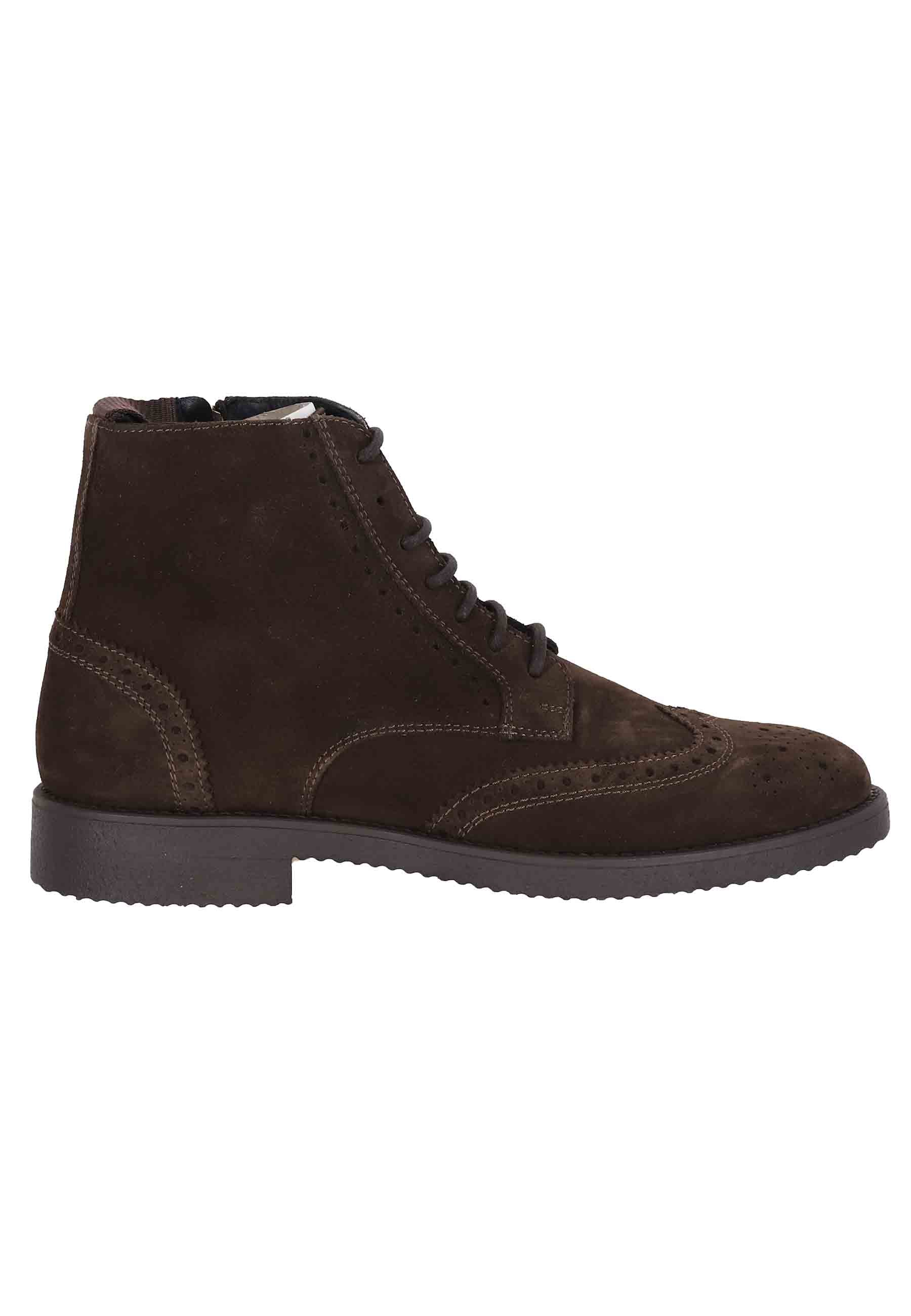 Men's ankle boots in dark brown suede with stitching and crepe sole