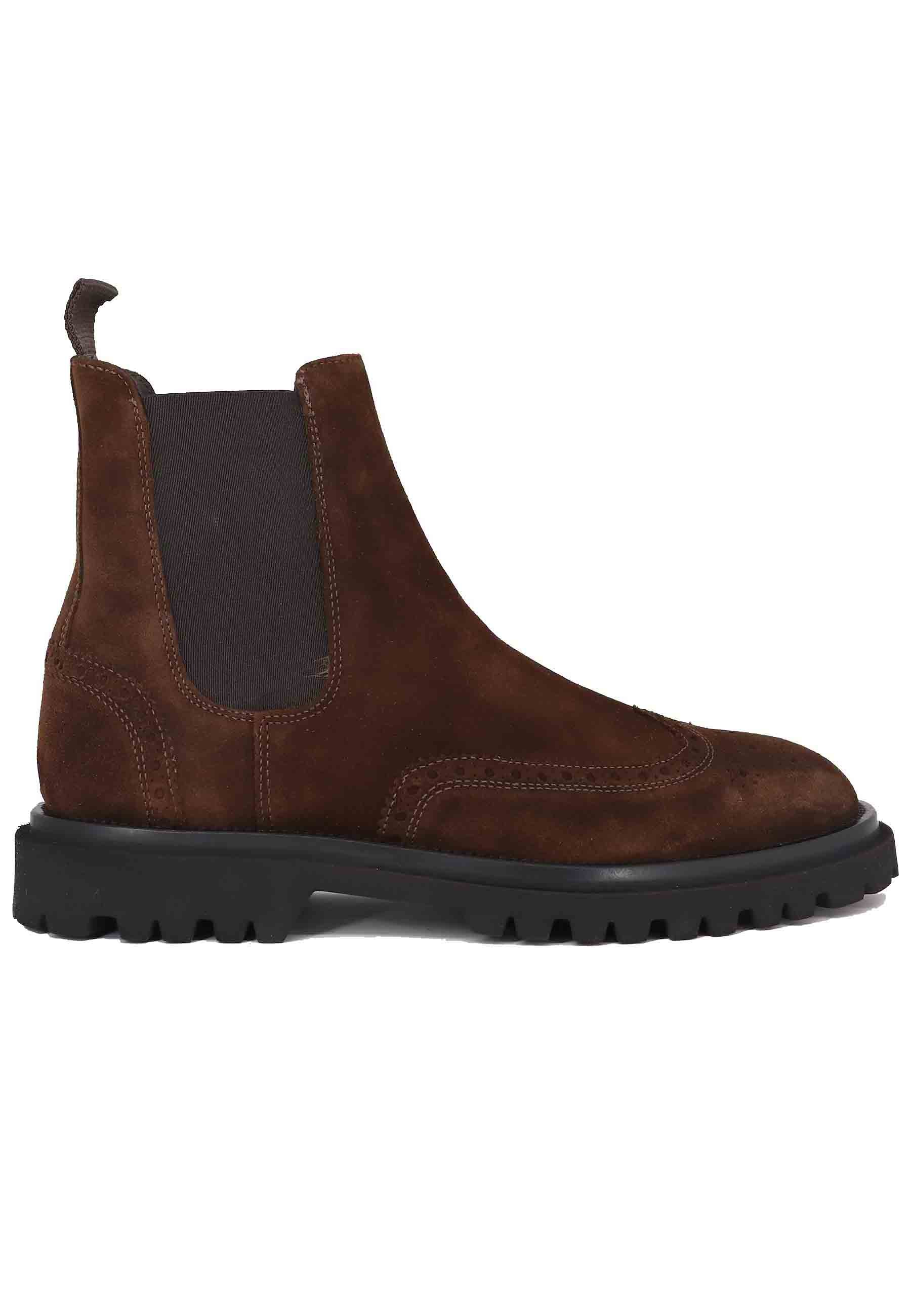 Men's ankle boots in dark brown suede with lug sole and stitching