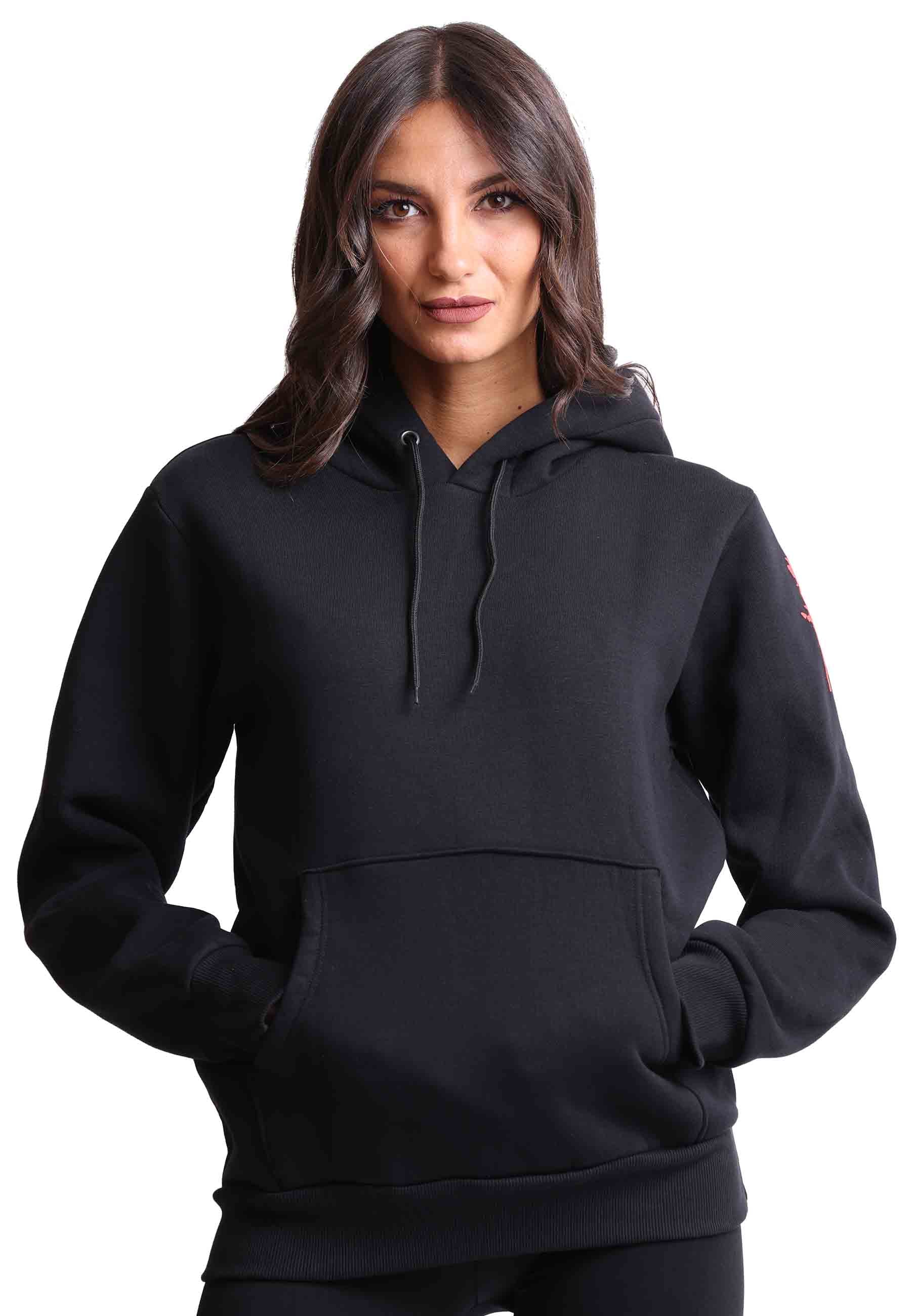 Women's hooded sweatshirt in black fabric and silk print