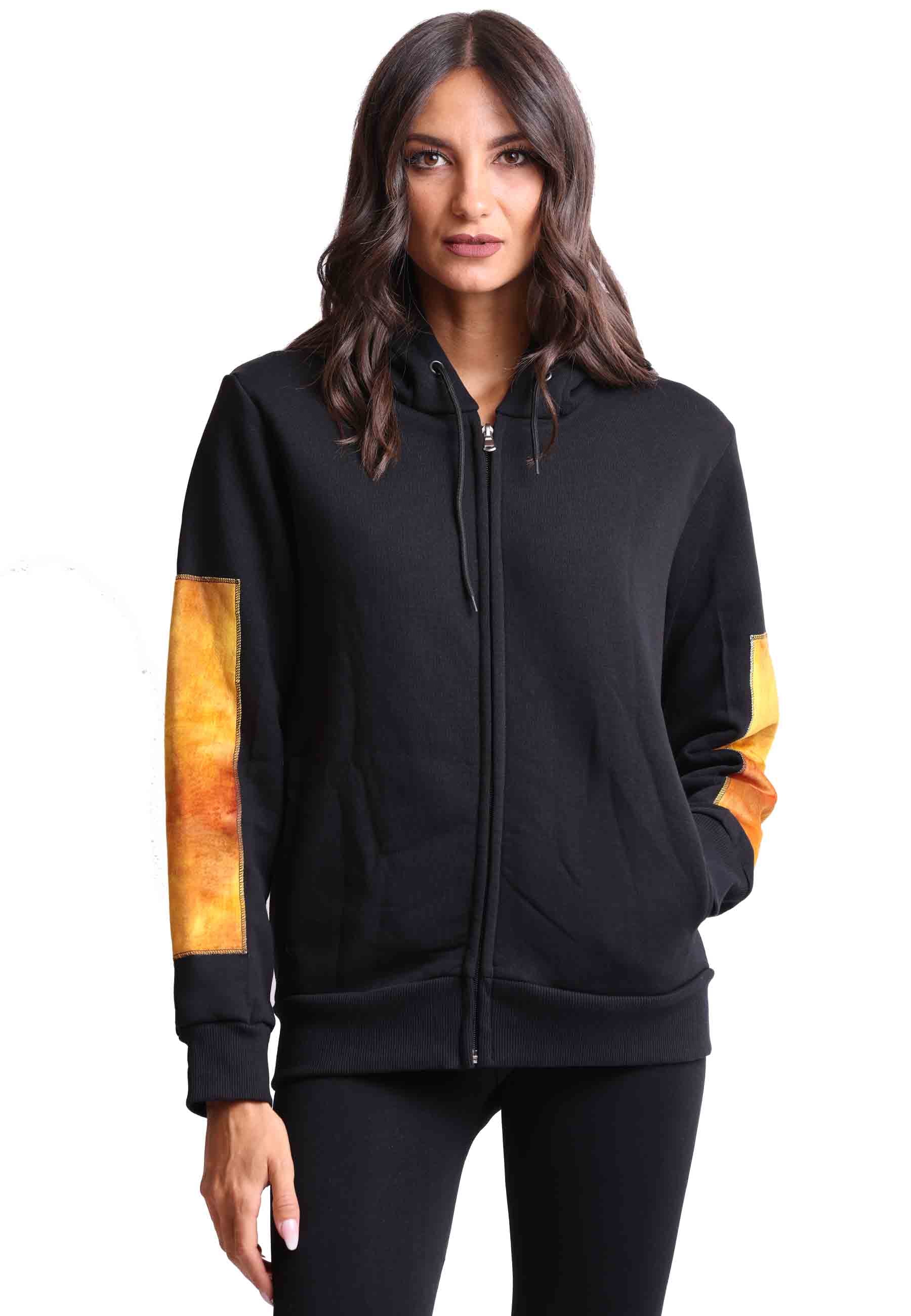 Women's sweatshirt with hood and zip in black fabric and silk print