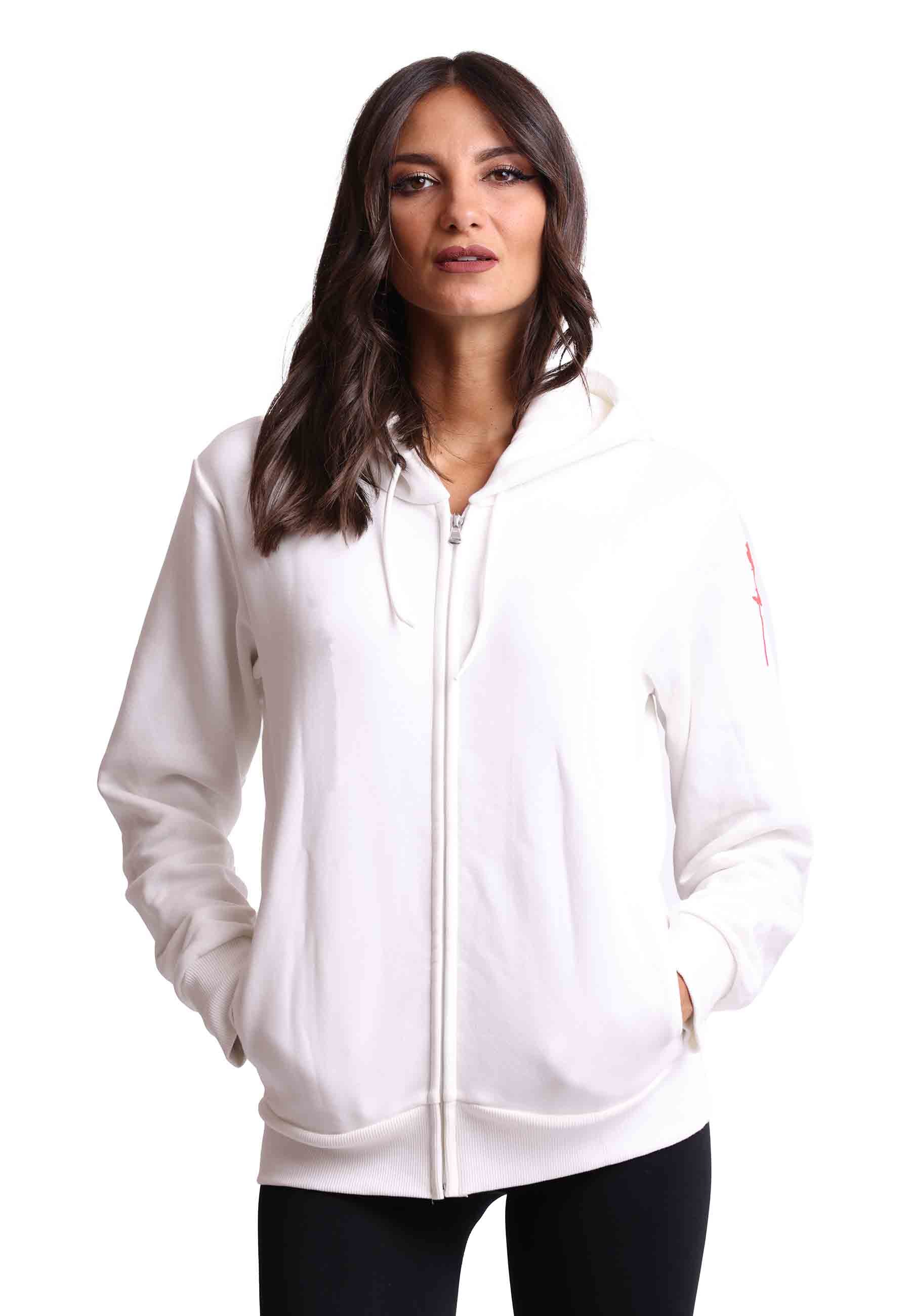 Women's sweatshirt with hood and zip in white fabric and silk print