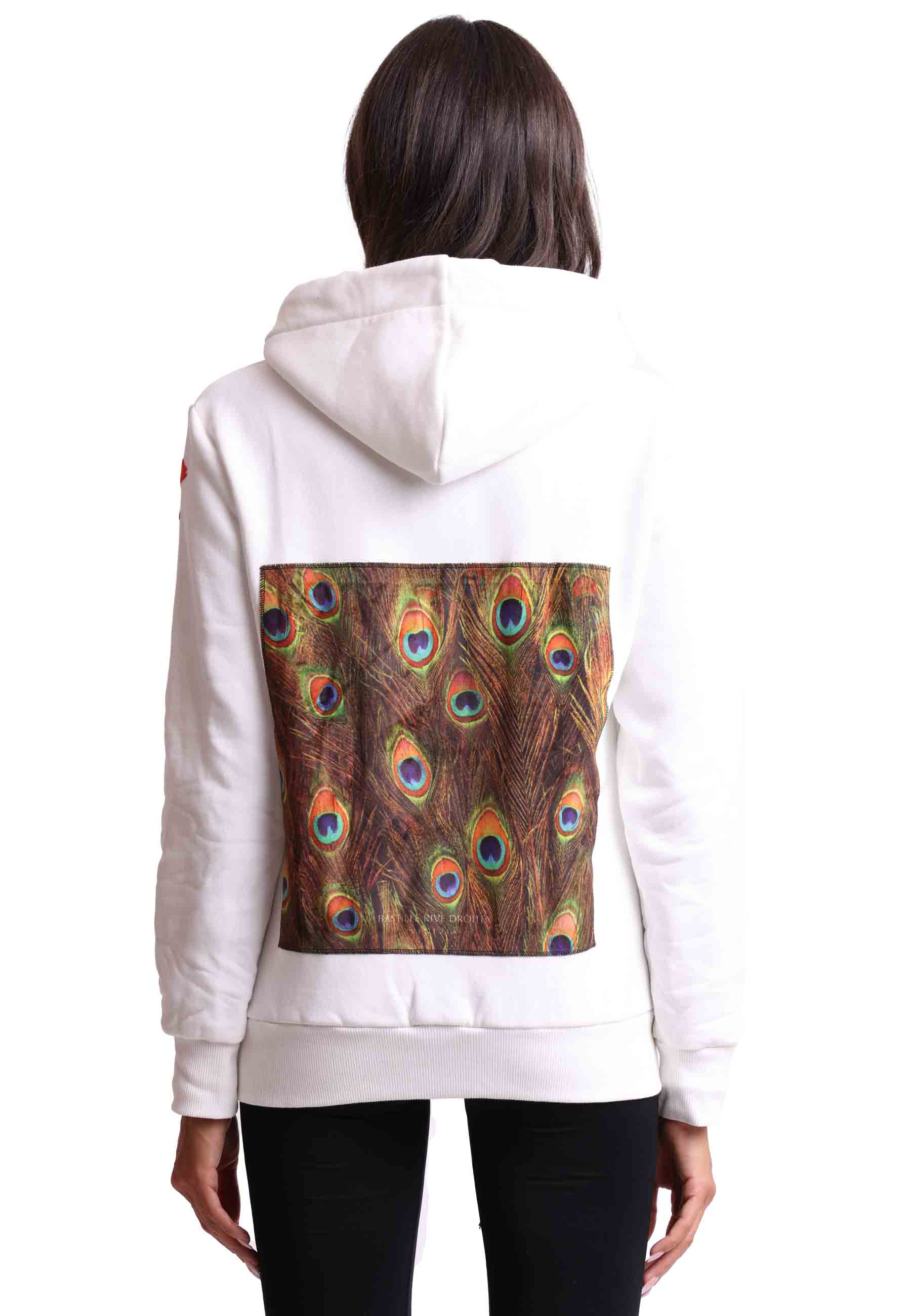 Women's sweatshirt with hood and zip in white fabric and silk print