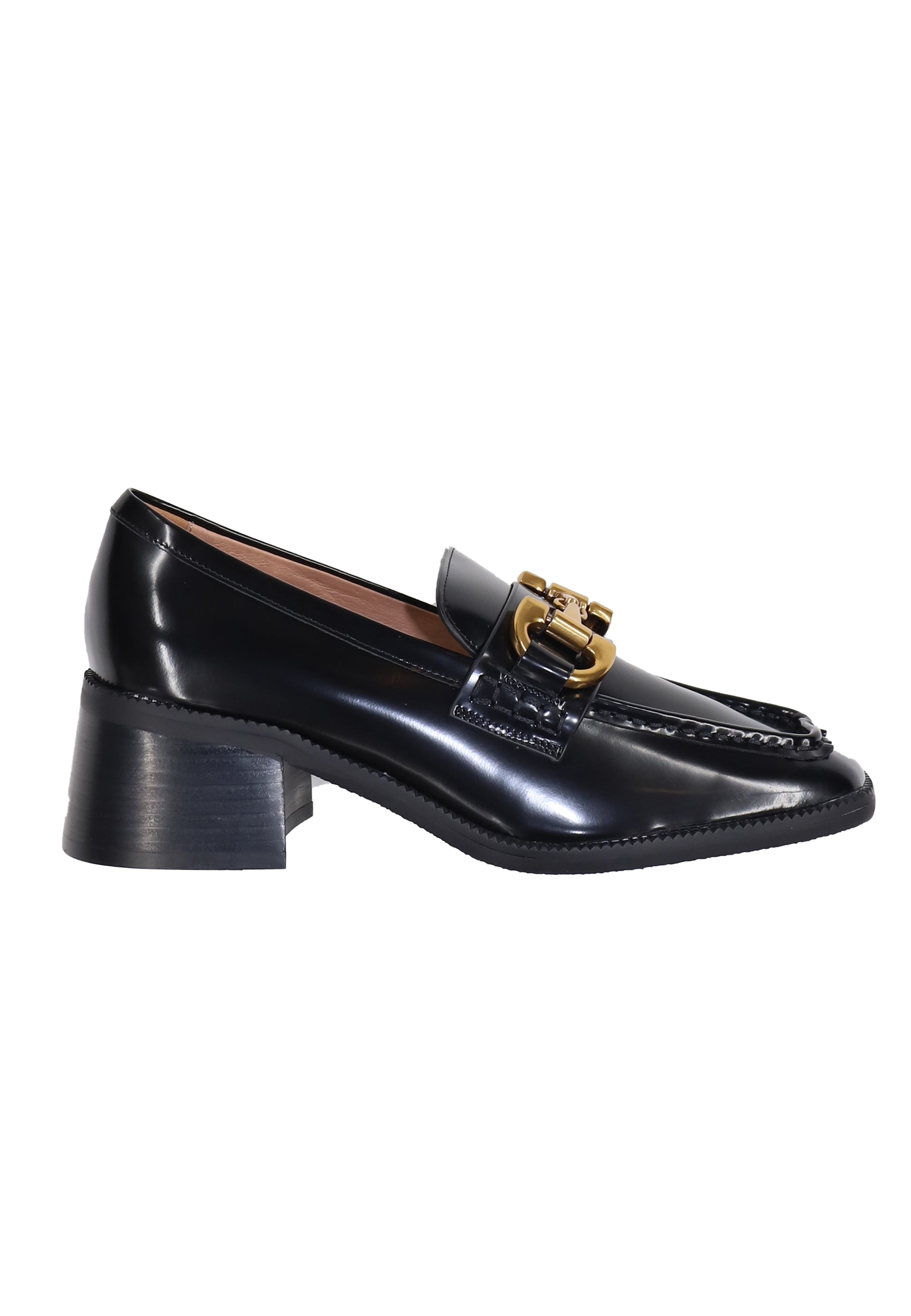 Women's moccasins in shiny black leather with gold clamp Tiana