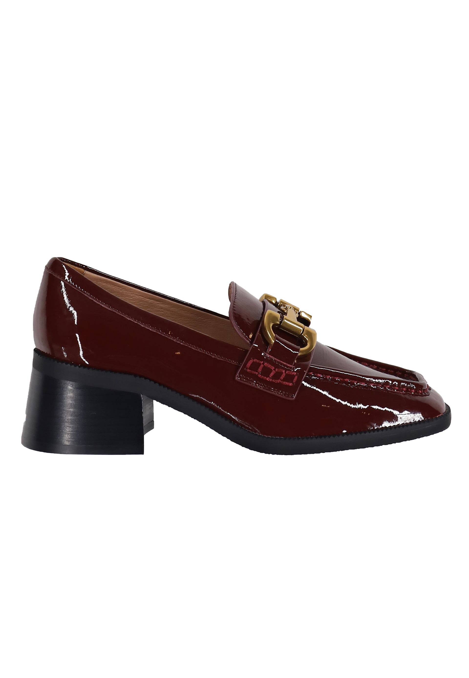 Women's moccasins in shiny burgundy leather with gold horsebit Tiana