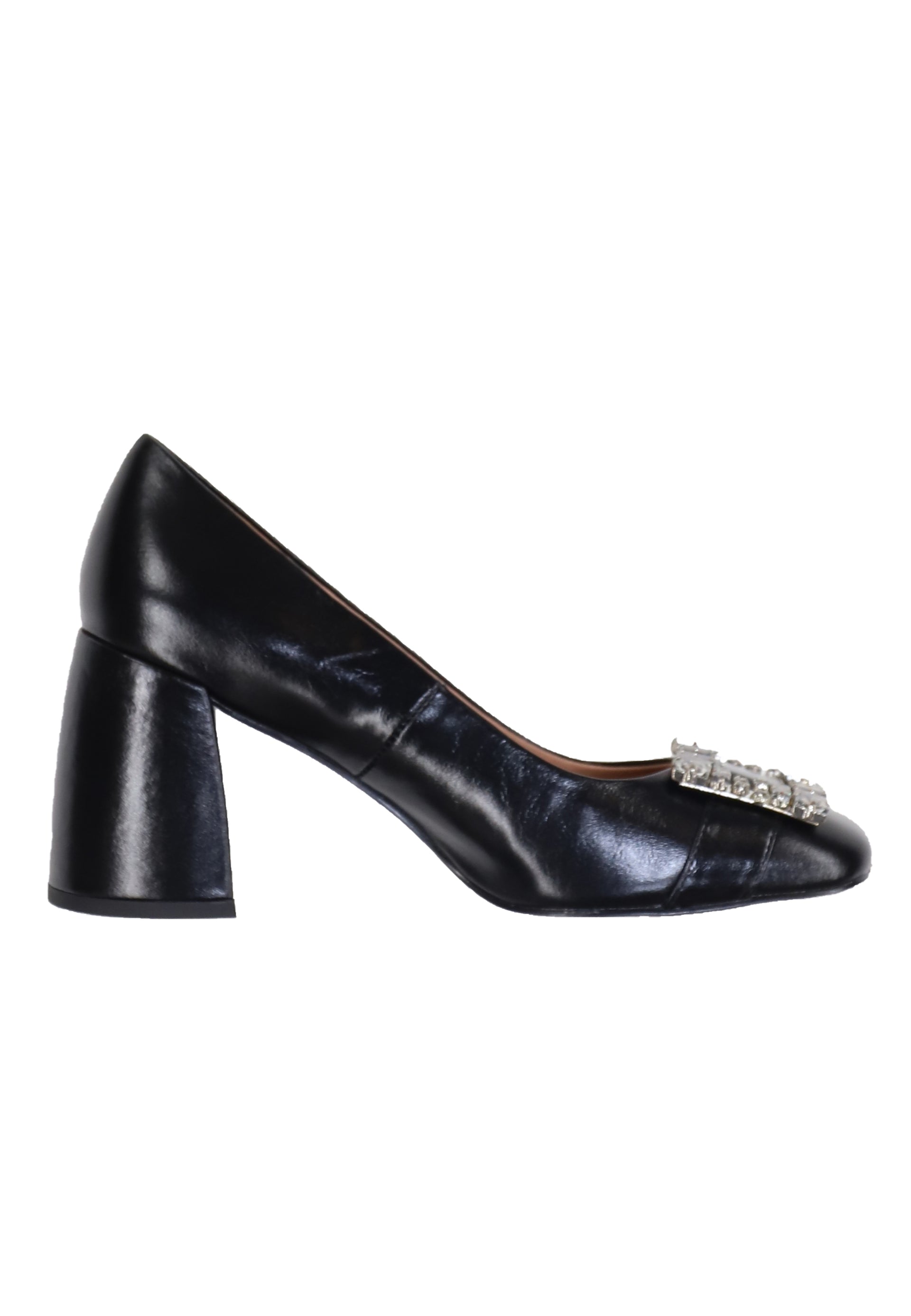 Women's pumps in black shiny leather with rhinestone buckle and Adella high heel