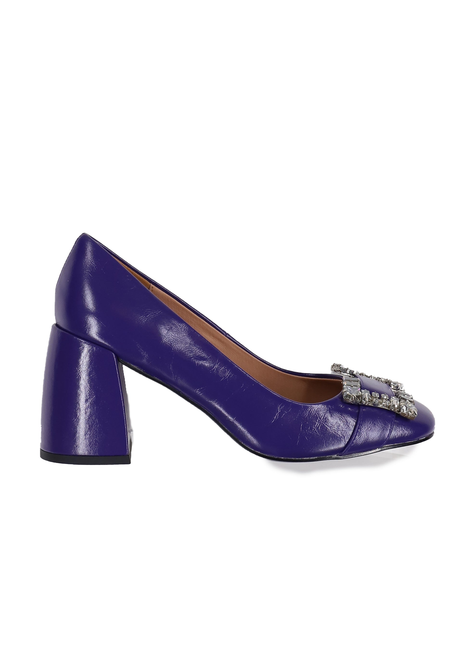 Women's pumps in purple shiny leather with rhinestone buckle and Adella high heel