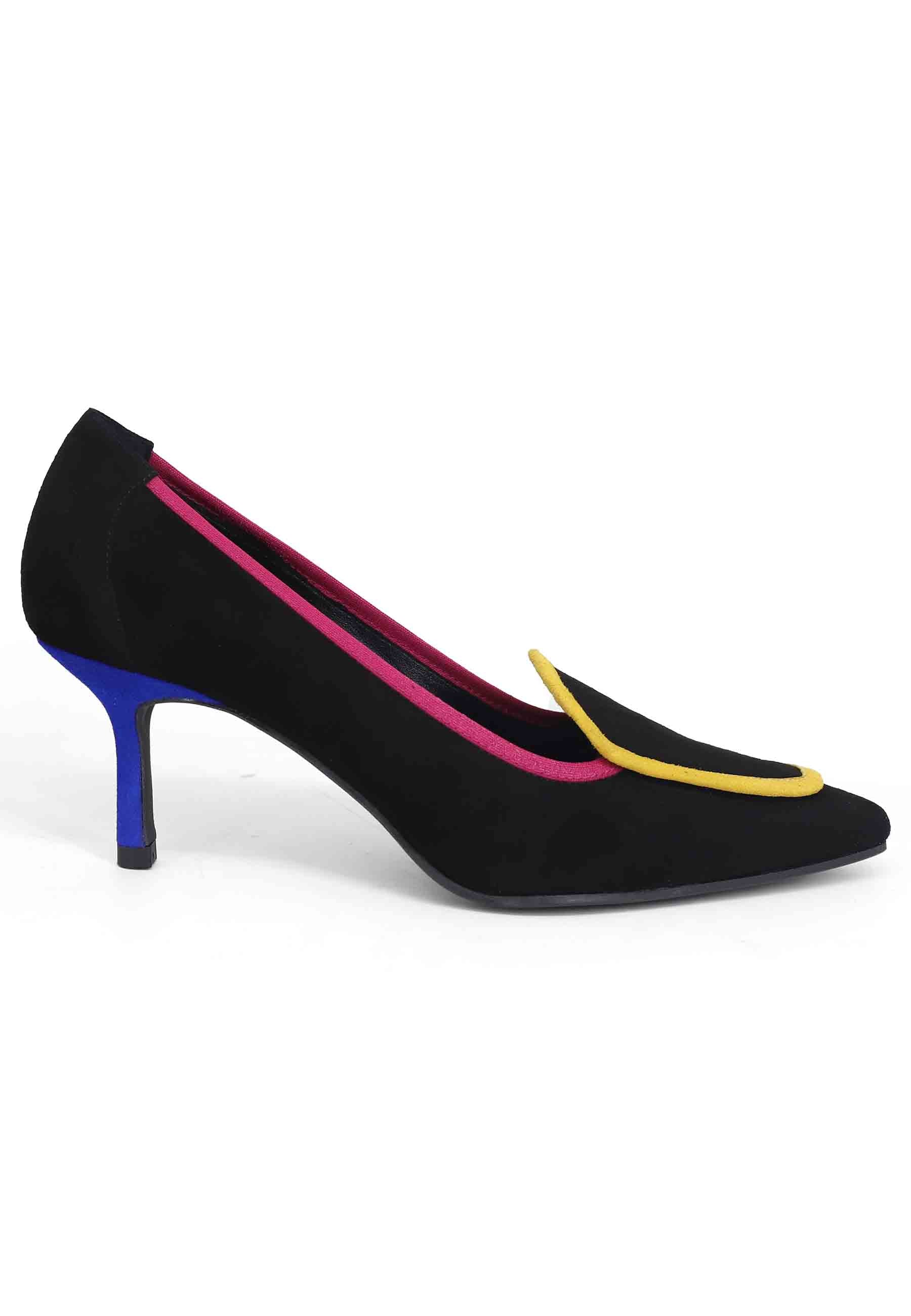Women's decollete in black suede with multicolored inserts