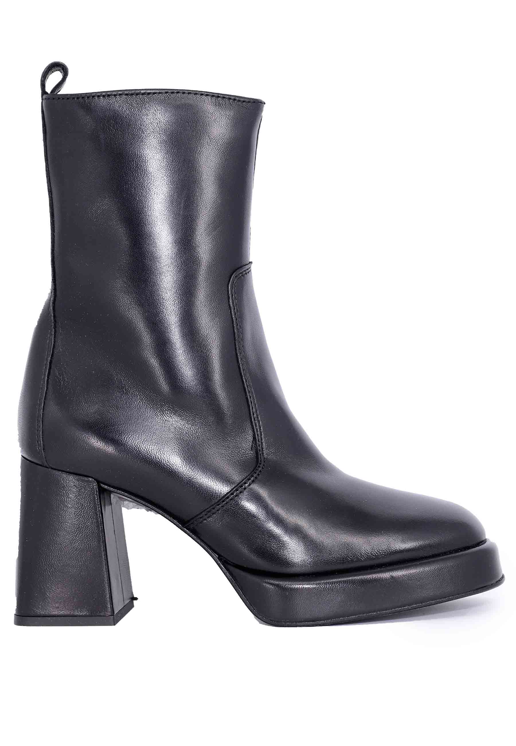 Women's black leather ankle boots with high heel and platform