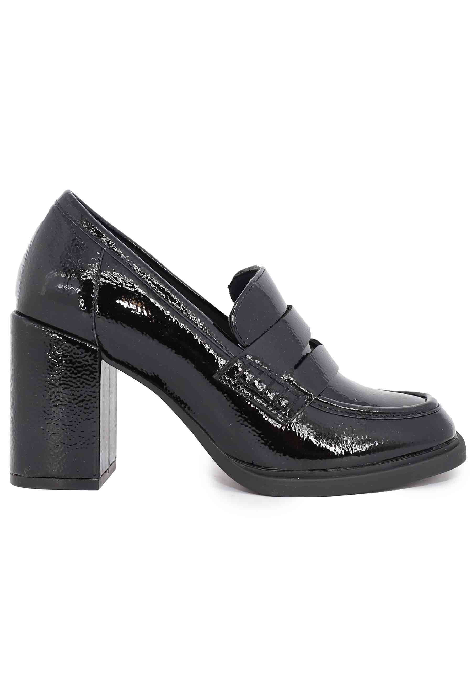 Women's black patent loafers with high heel and round toe